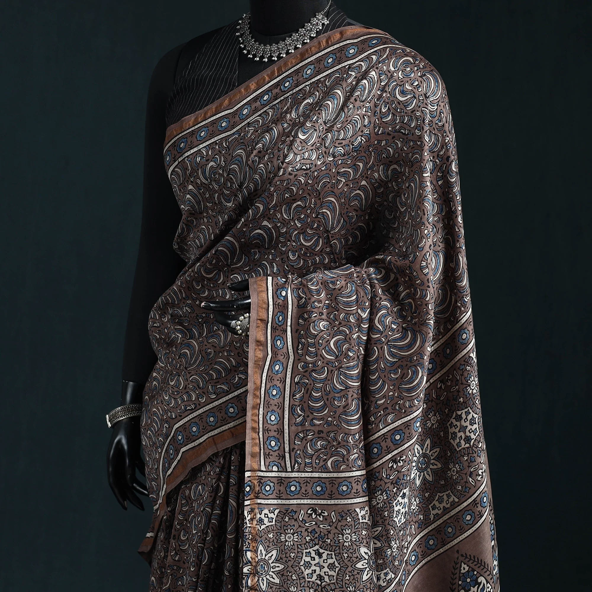 Brown - Hand Block Print Natural Dyed Chanderi Silk Ajrakh Saree 11 - Image 2