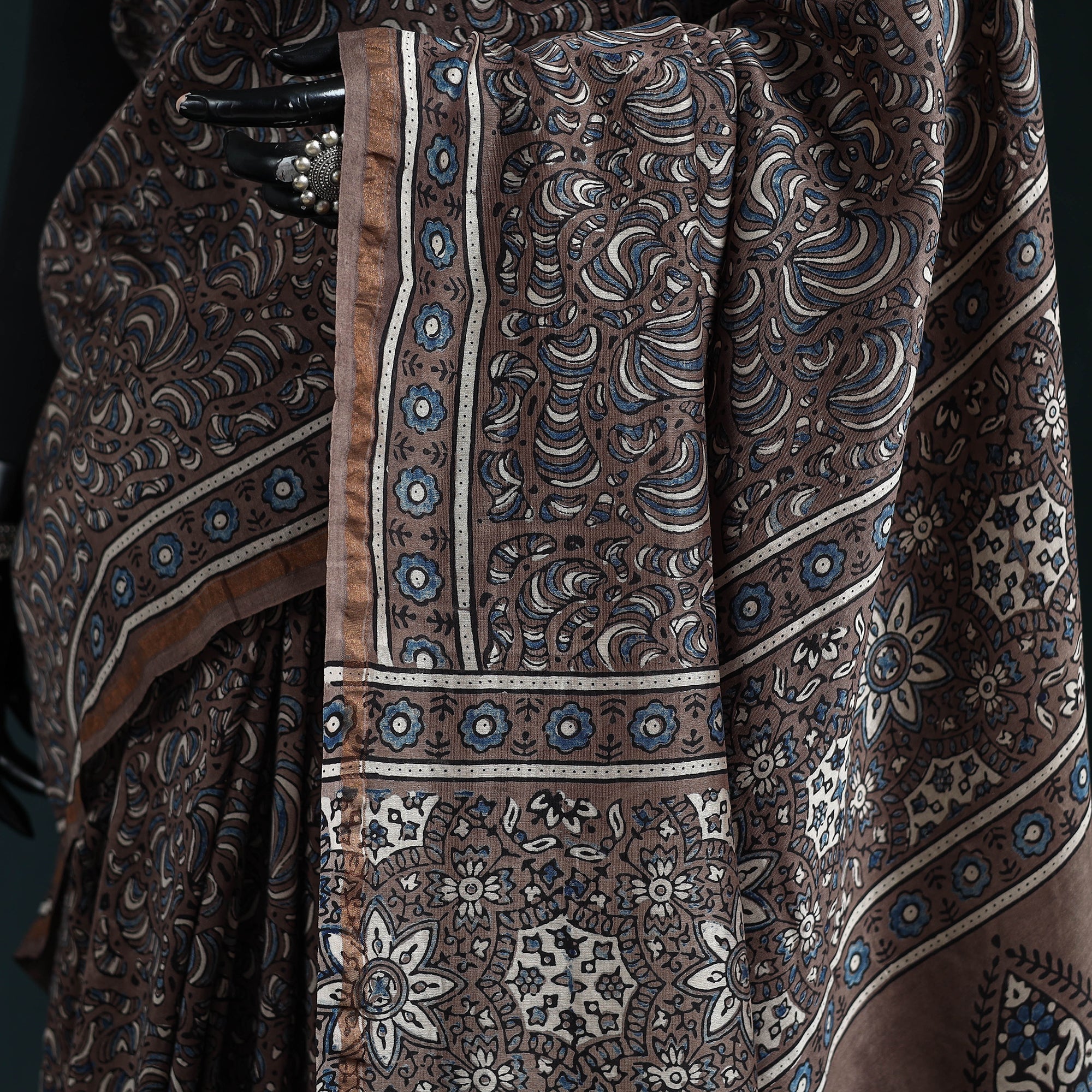 Brown - Hand Block Print Natural Dyed Chanderi Silk Ajrakh Saree 11 - Image 3