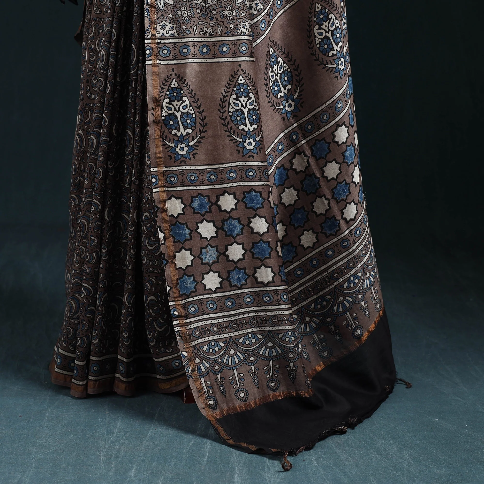 Brown - Hand Block Print Natural Dyed Chanderi Silk Ajrakh Saree 11 - Image 4