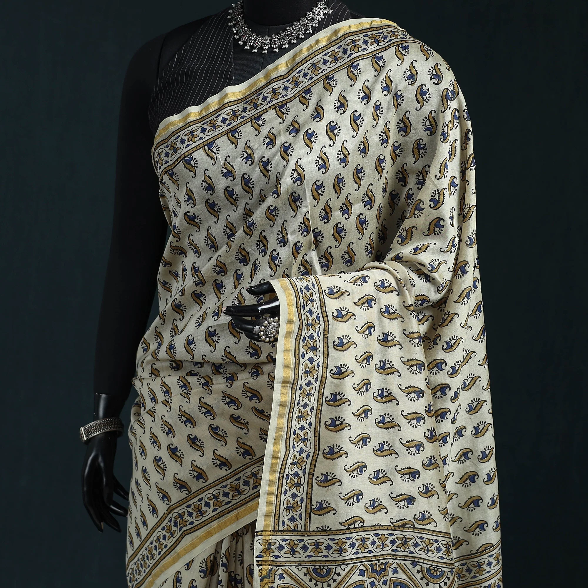 Beige - Hand Block Print Natural Dyed Chanderi Silk Ajrakh Saree 12 - Image 2