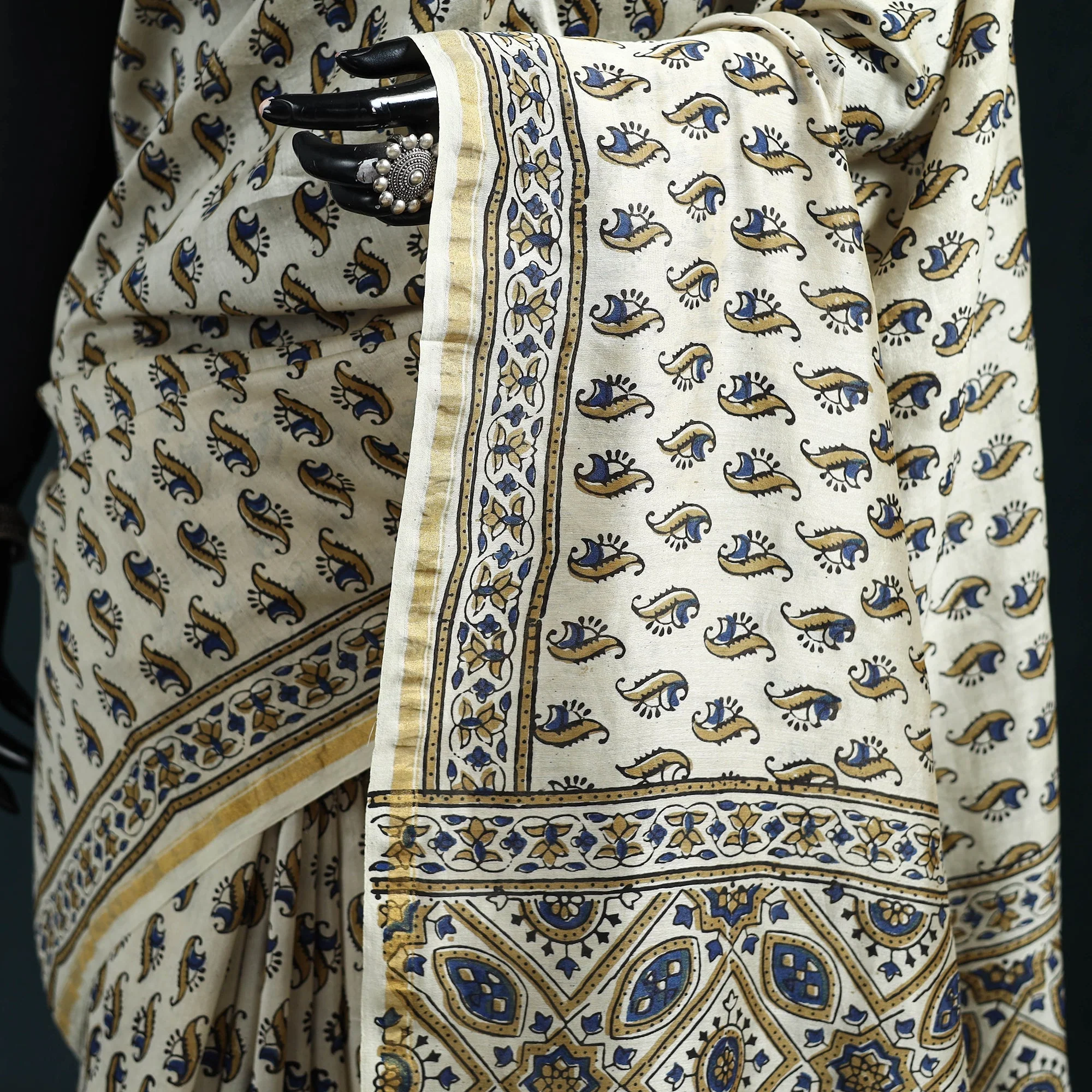 Beige - Hand Block Print Natural Dyed Chanderi Silk Ajrakh Saree 12 - Image 3