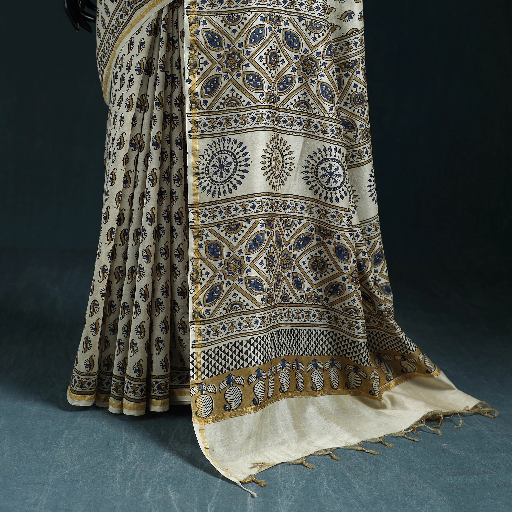 Beige - Hand Block Print Natural Dyed Chanderi Silk Ajrakh Saree 12 - Image 4