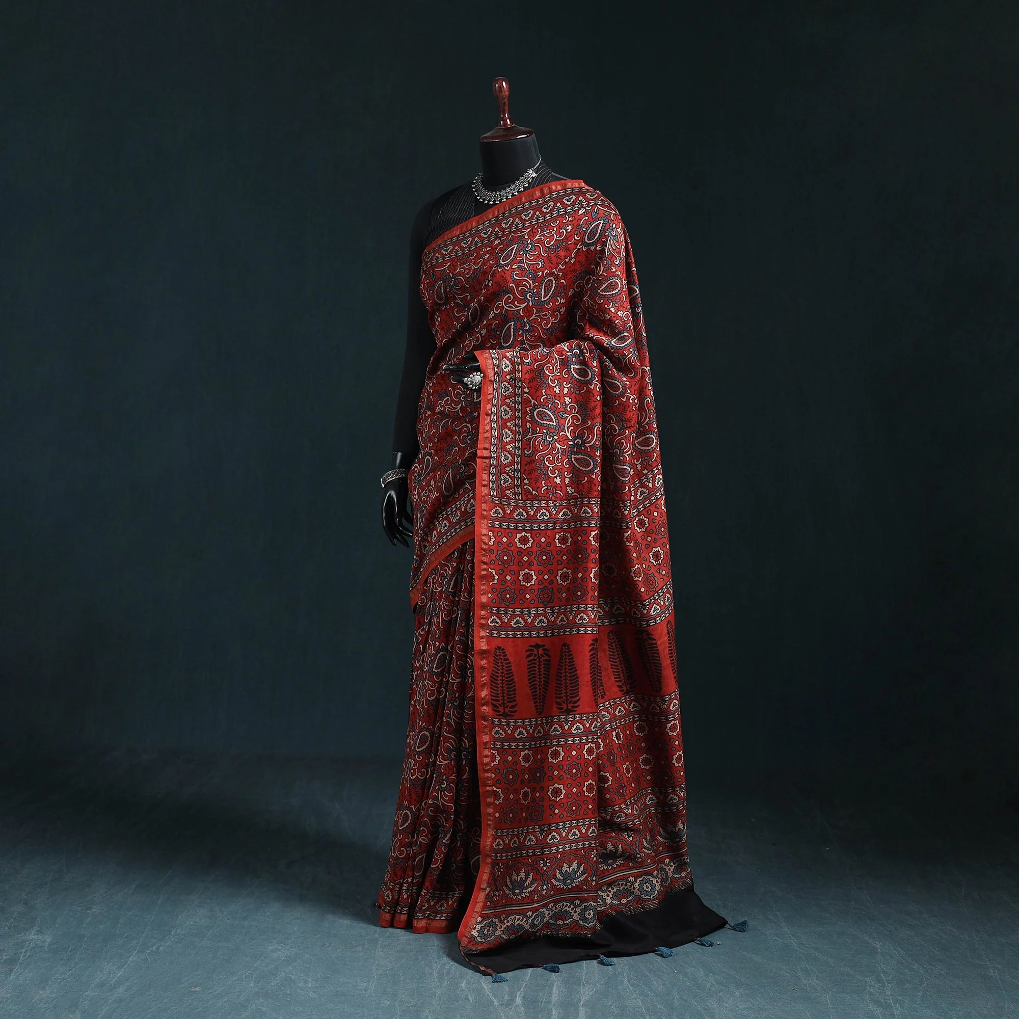 Red - Hand Block Print Natural Dyed Chanderi Silk Ajrakh Saree 17
