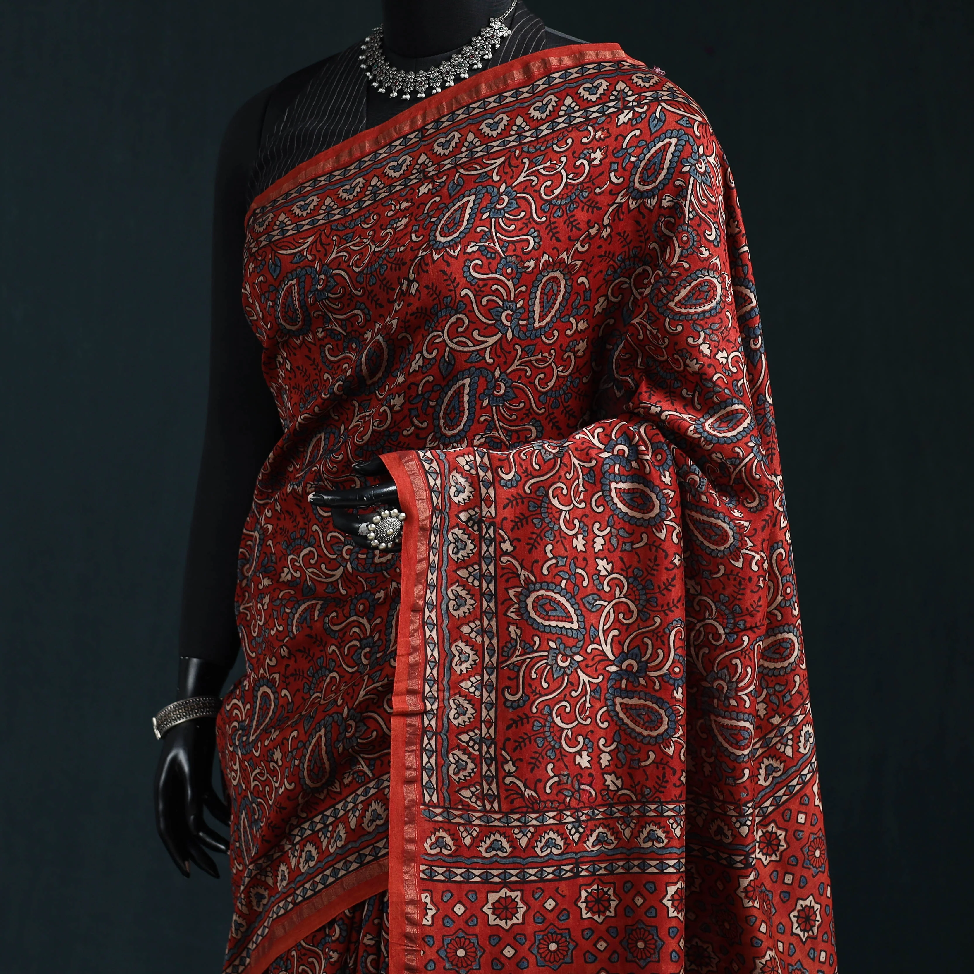 Red - Hand Block Print Natural Dyed Chanderi Silk Ajrakh Saree 17 - Image 2