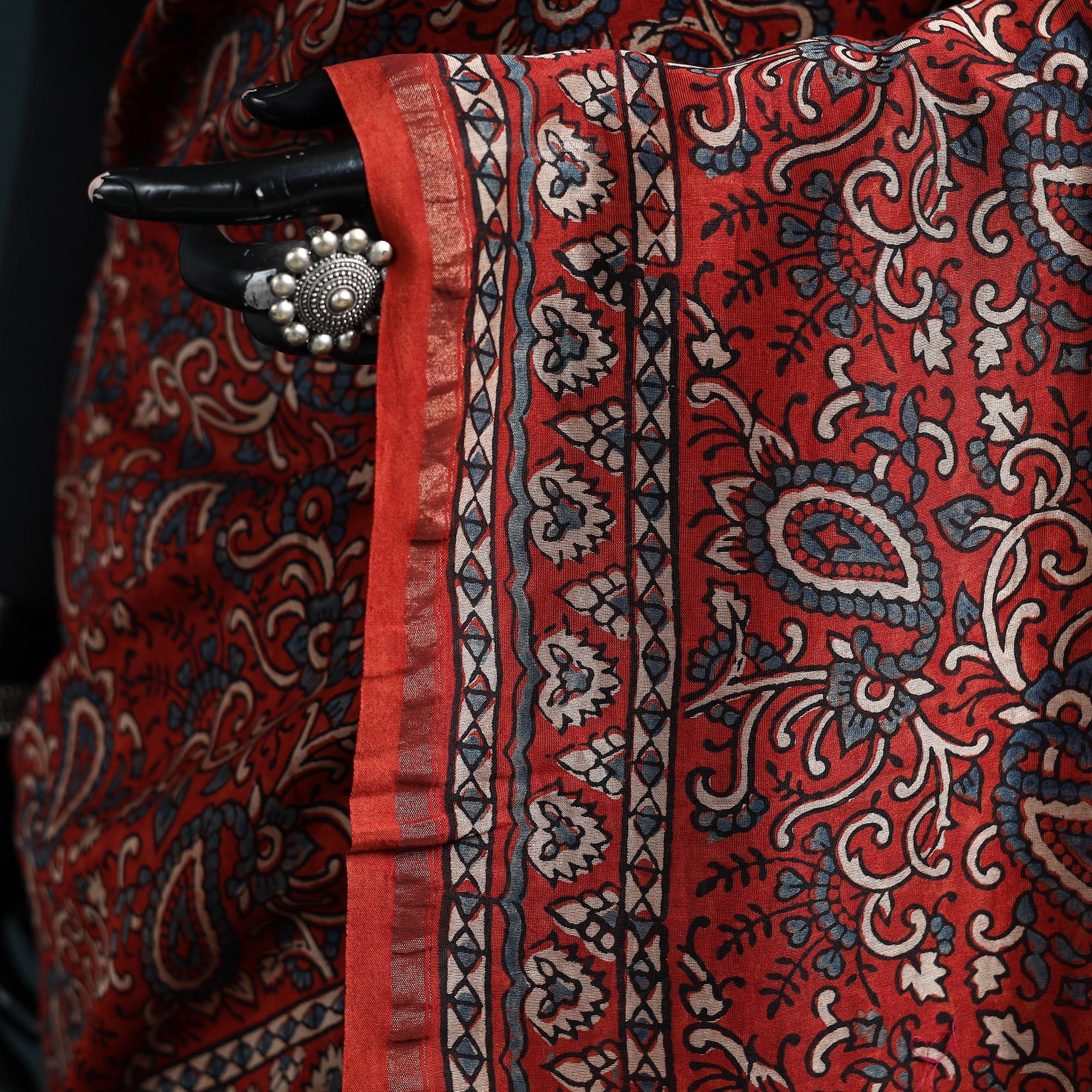 Red - Hand Block Print Natural Dyed Chanderi Silk Ajrakh Saree 17 - Image 3