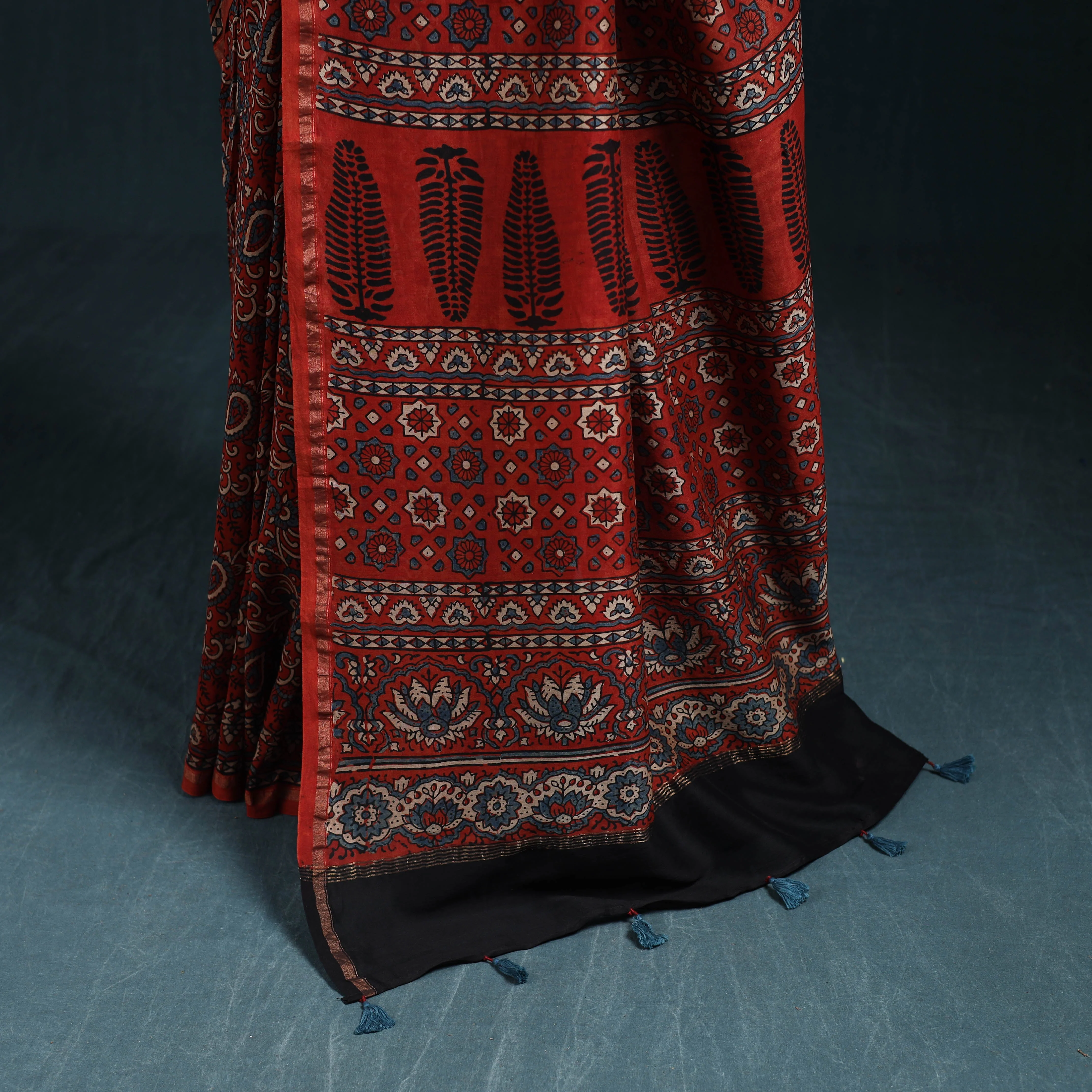 Red - Hand Block Print Natural Dyed Chanderi Silk Ajrakh Saree 17 - Image 4