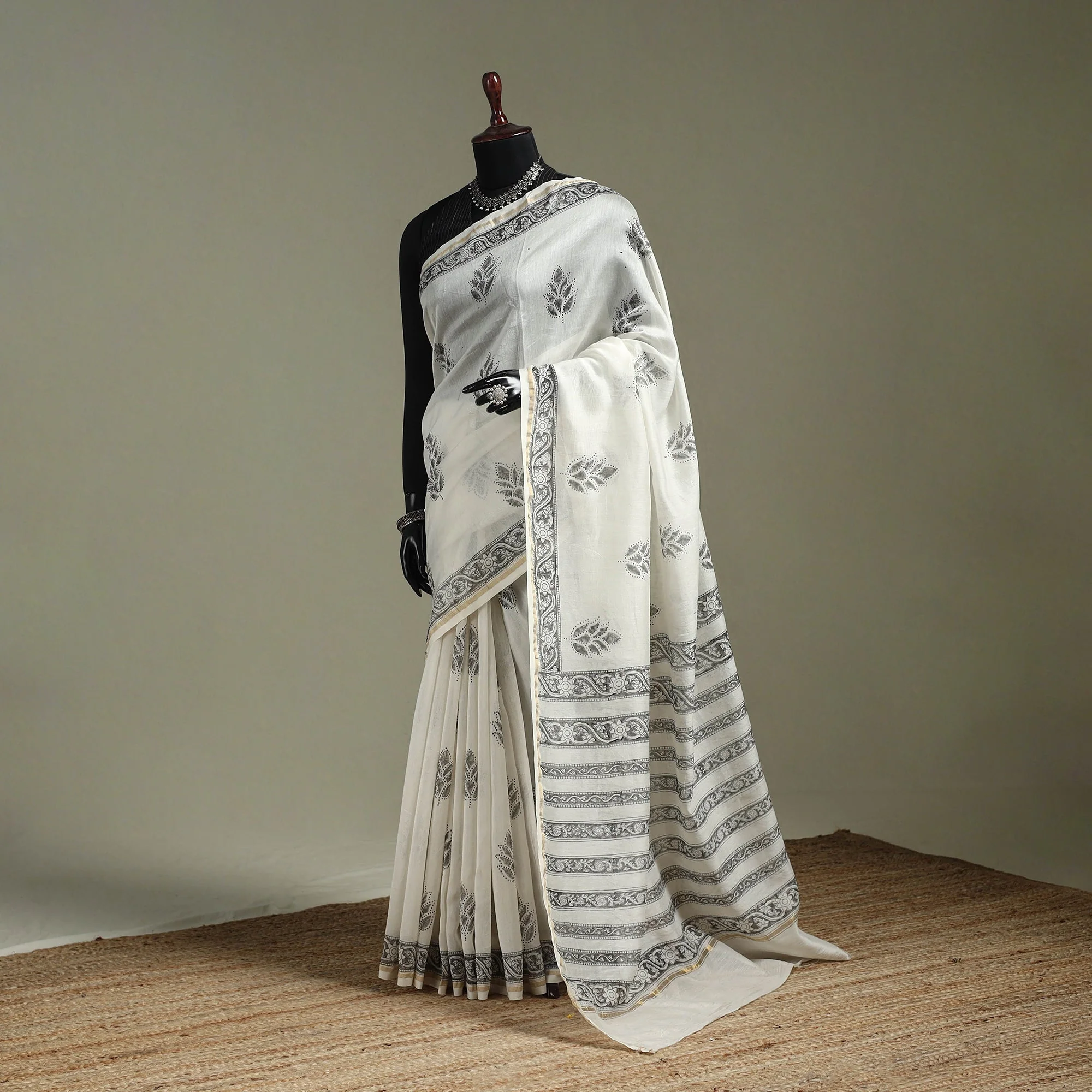 White - Hand Block Print Natural Dyed Chanderi Silk Akola Saree 09