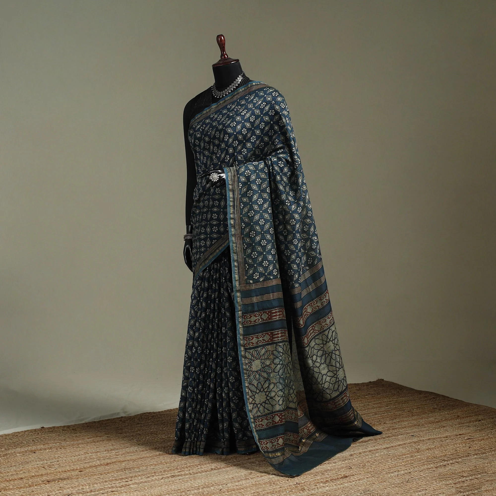 Blue - Hand Block Print Natural Dyed Chanderi Silk Akola Saree 10