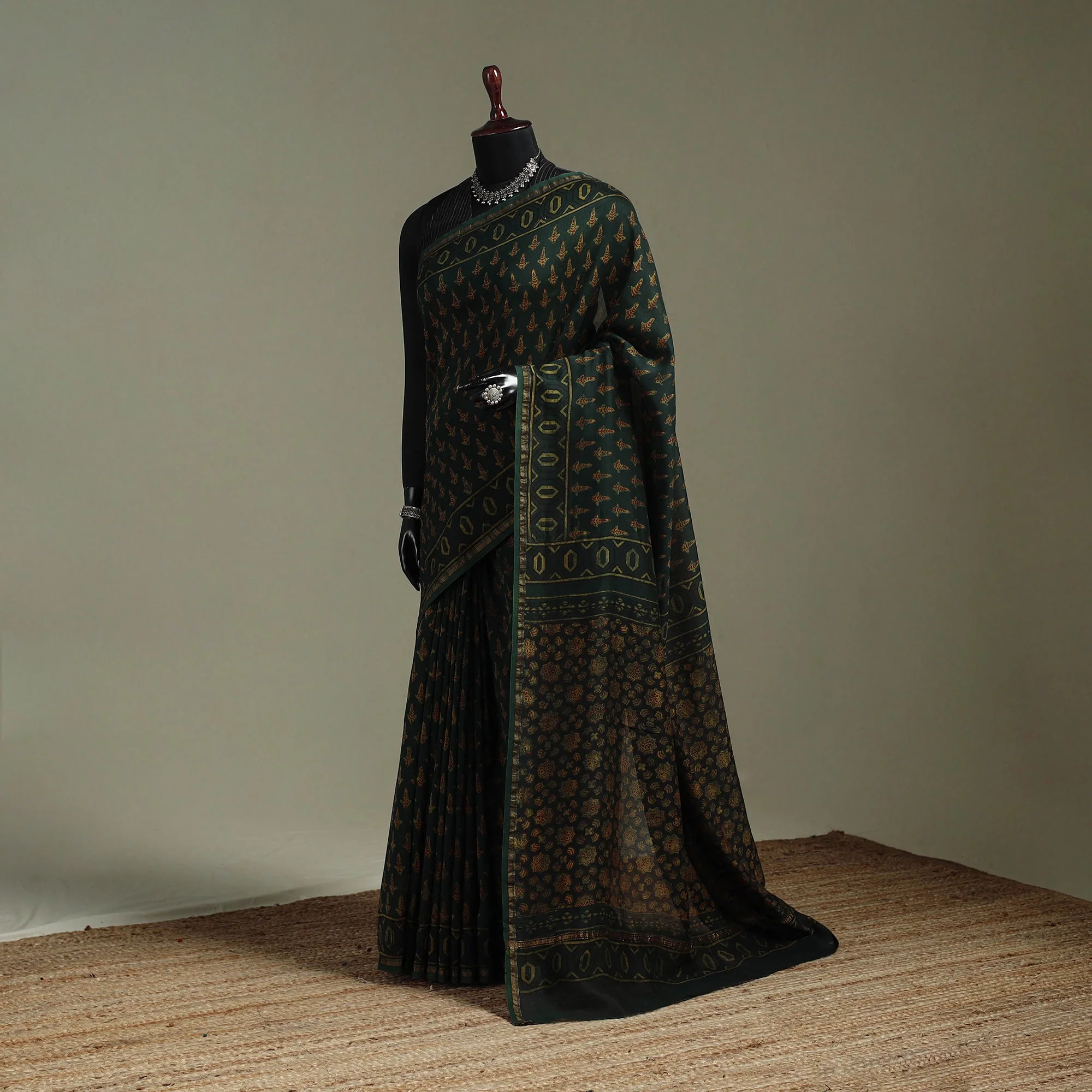 Green - Hand Block Print Natural Dyed Chanderi Silk Akola Saree 24