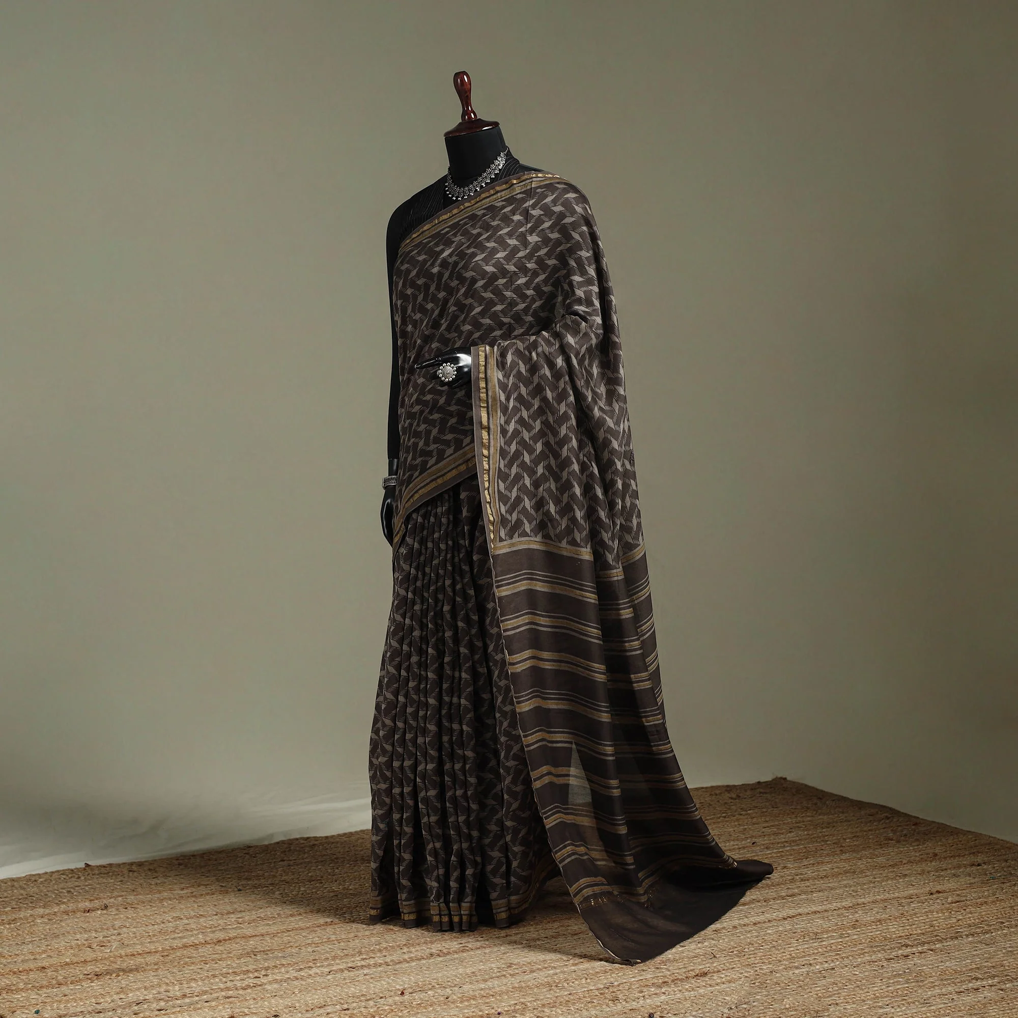 Brown - Hand Block Print Natural Dyed Chanderi Silk Akola Saree 34