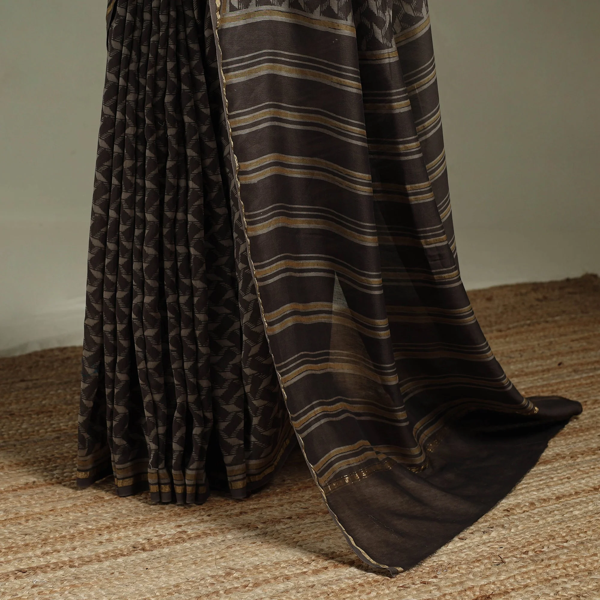 Brown - Hand Block Print Natural Dyed Chanderi Silk Akola Saree 34 - Image 4