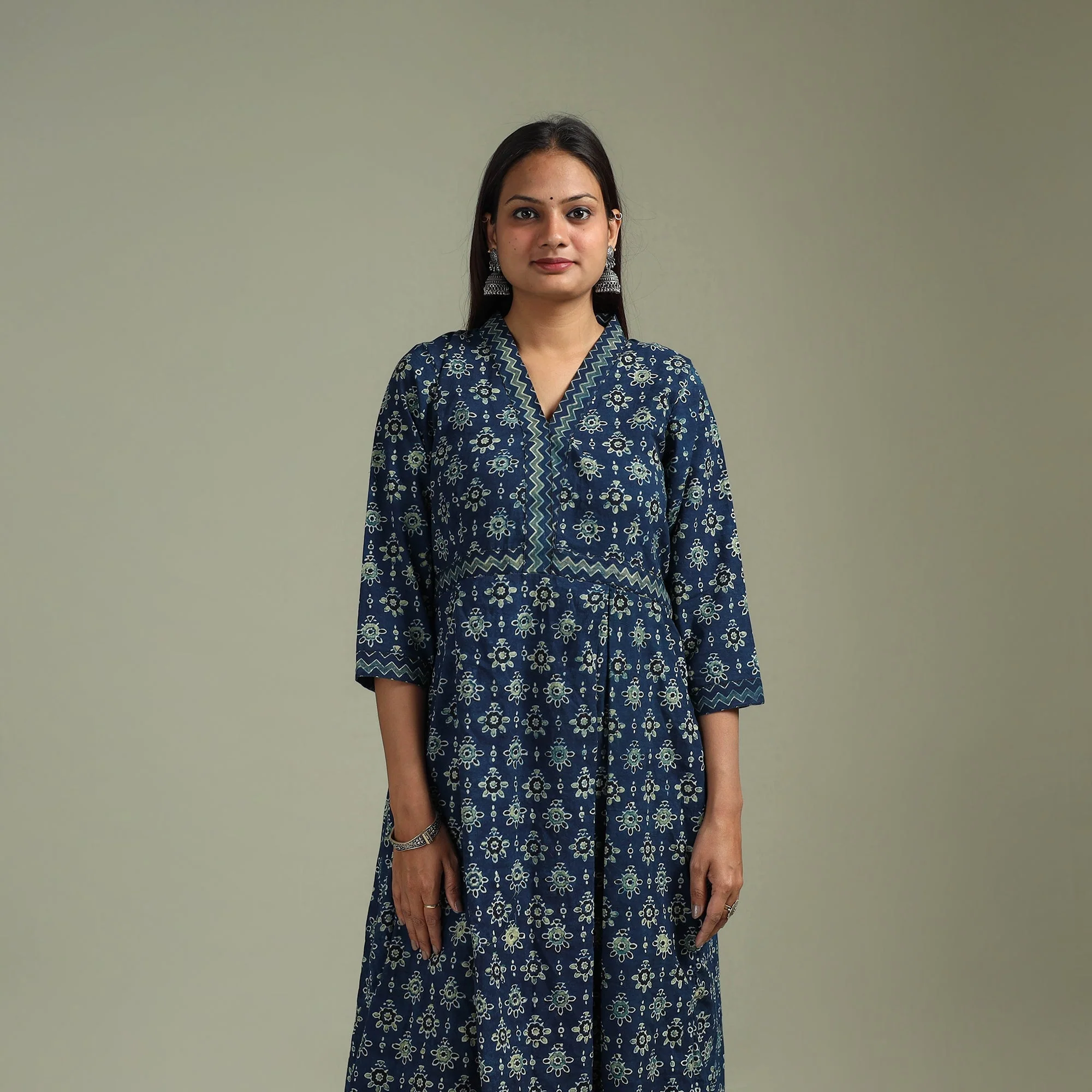 Blue - Hand Block Print Natural Dyed Cotton A-Line Ajrakh Kurta for women 16 - Image 2