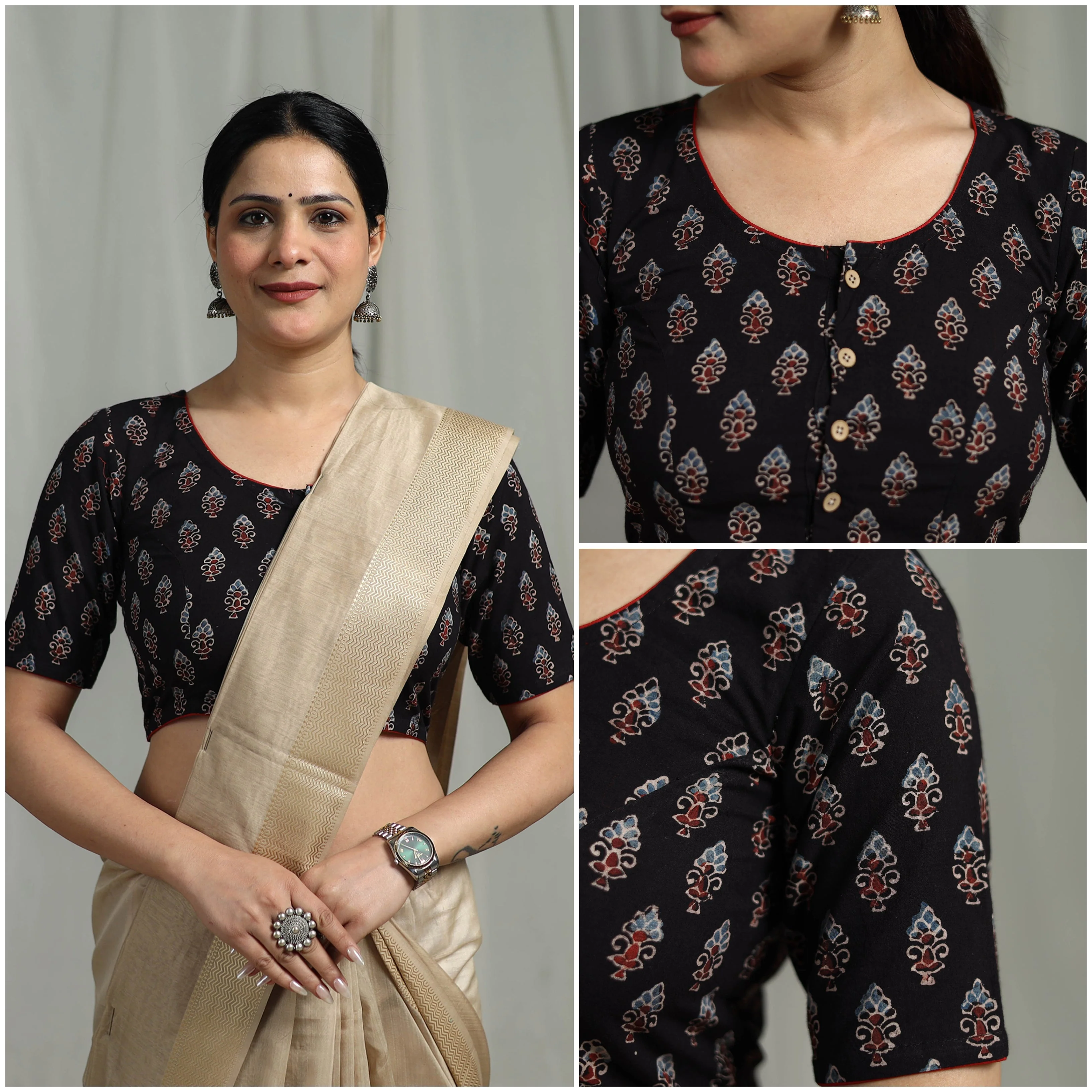 Black - Hand Block Print Natural Dyed Cotton Ajrakh Readymade Blouse 03 - Image 3