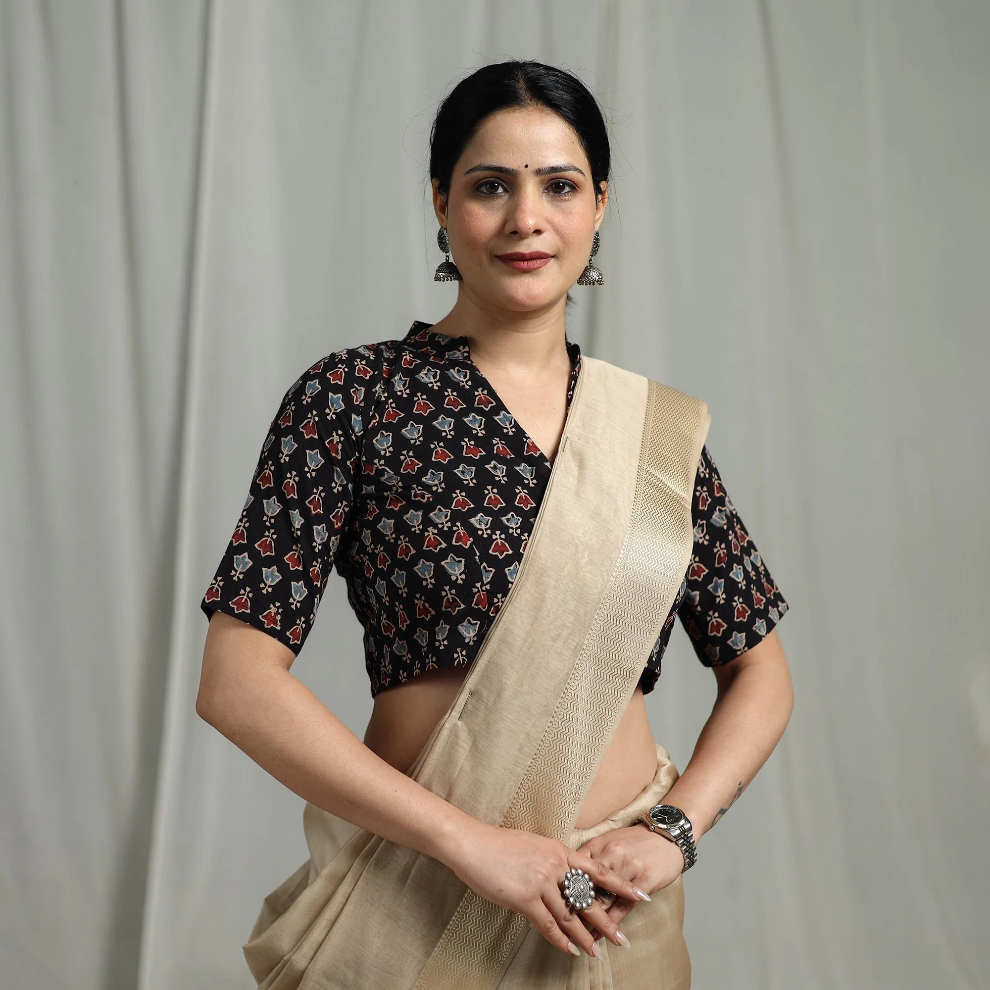Black - Hand Block Print Natural Dyed Cotton Ajrakh Readymade Blouse 09