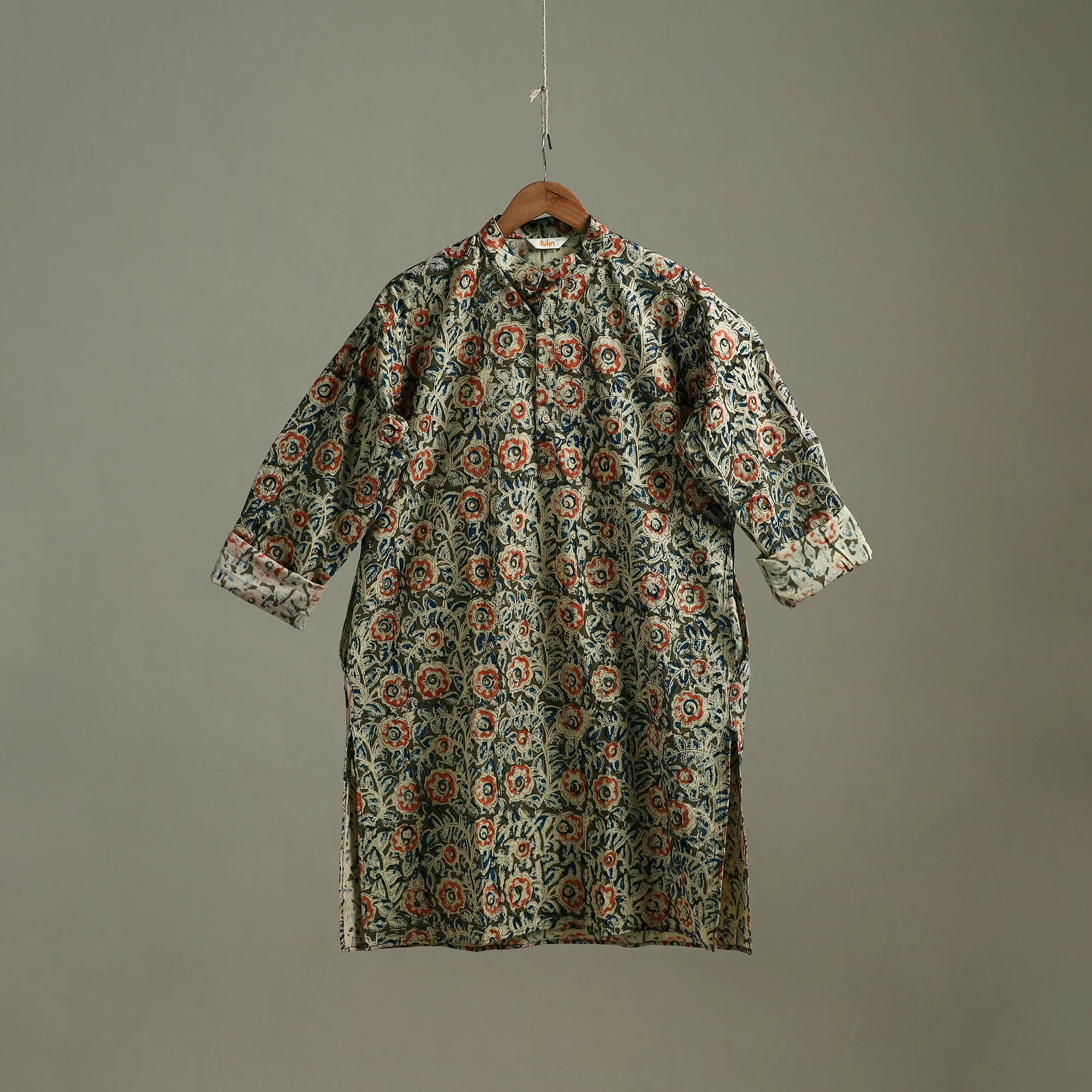 Hand Block Print Natural Dyed Cotton Long Kalamkari Kurta for Men 12 - Image 2
