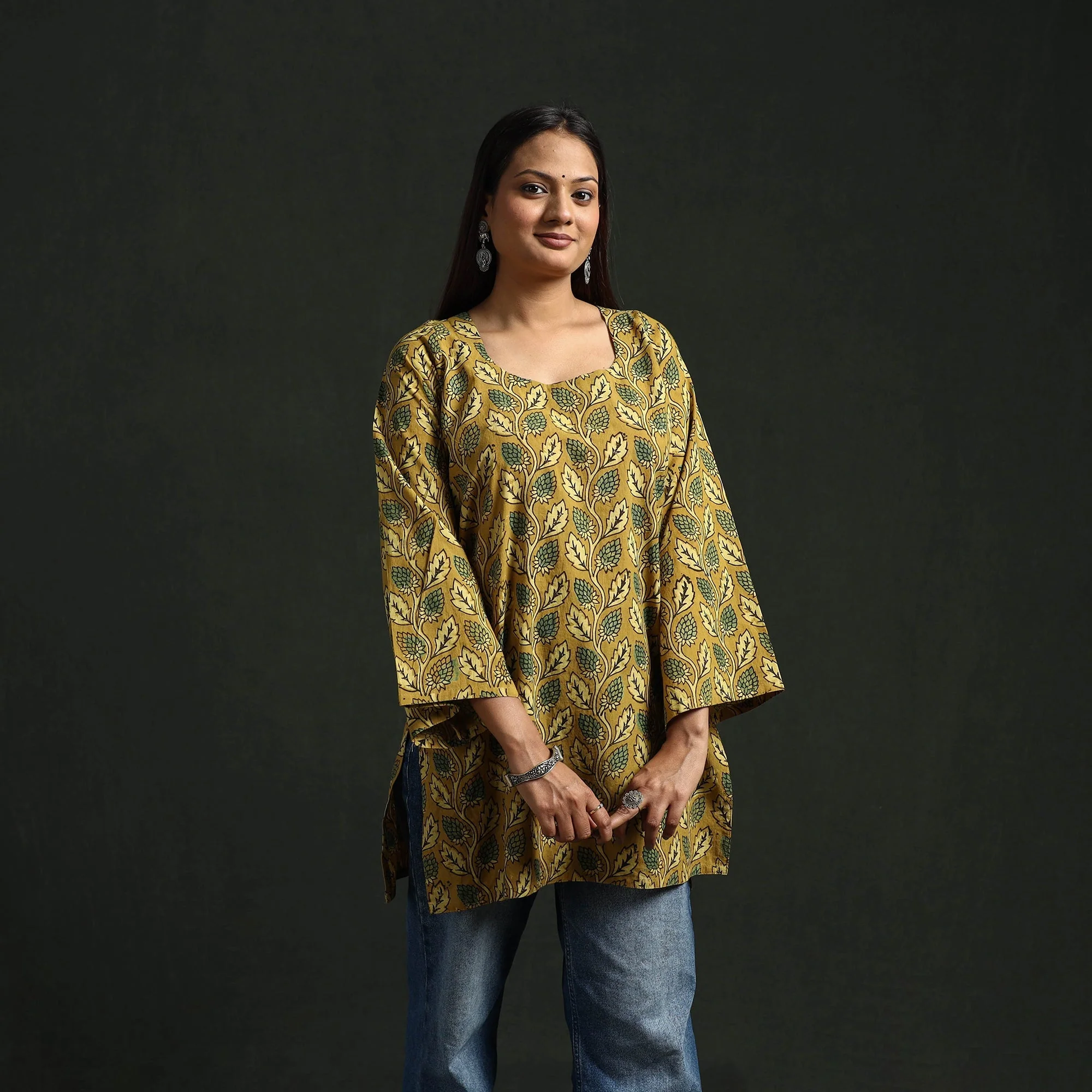 Yellow - Hand Block Print Natural Dyed Cotton Short Ajrakh Kurta for women 05 - Image 2