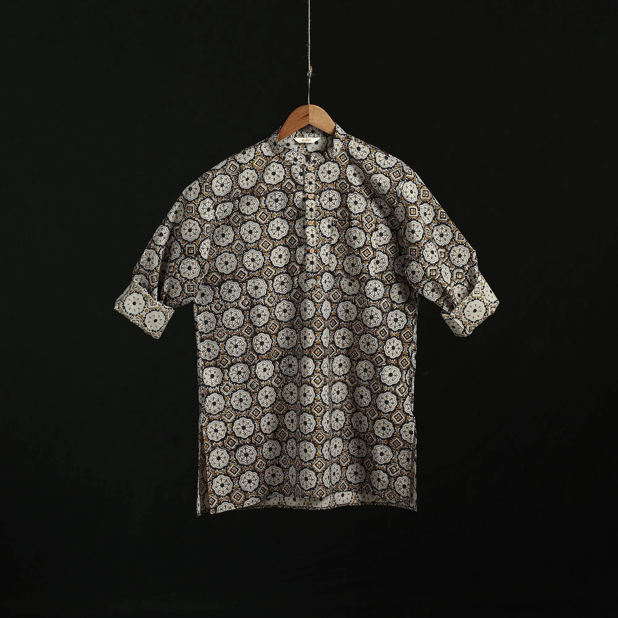 Brown - Hand Block Print Natural Dyed Cotton Short Bagru Kurta for Men 14 - Image 2