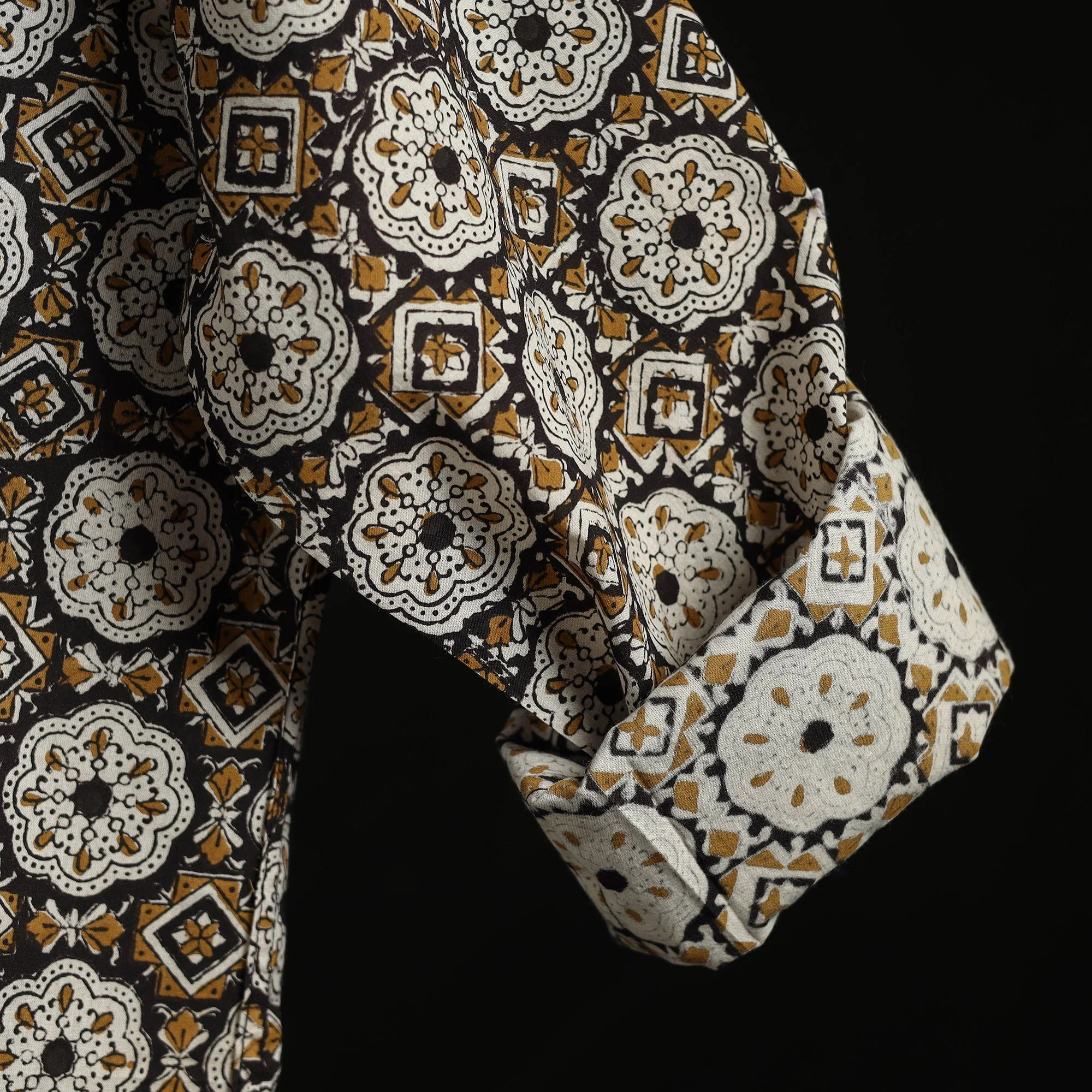 Brown - Hand Block Print Natural Dyed Cotton Short Bagru Kurta for Men 14 - Image 4