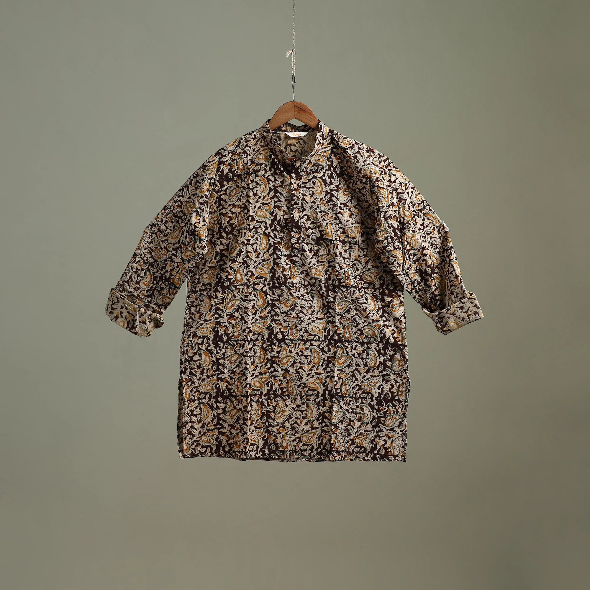 Hand Block Print Natural Dyed Cotton Short Kalamkari Kurta for Men 08 - Image 2
