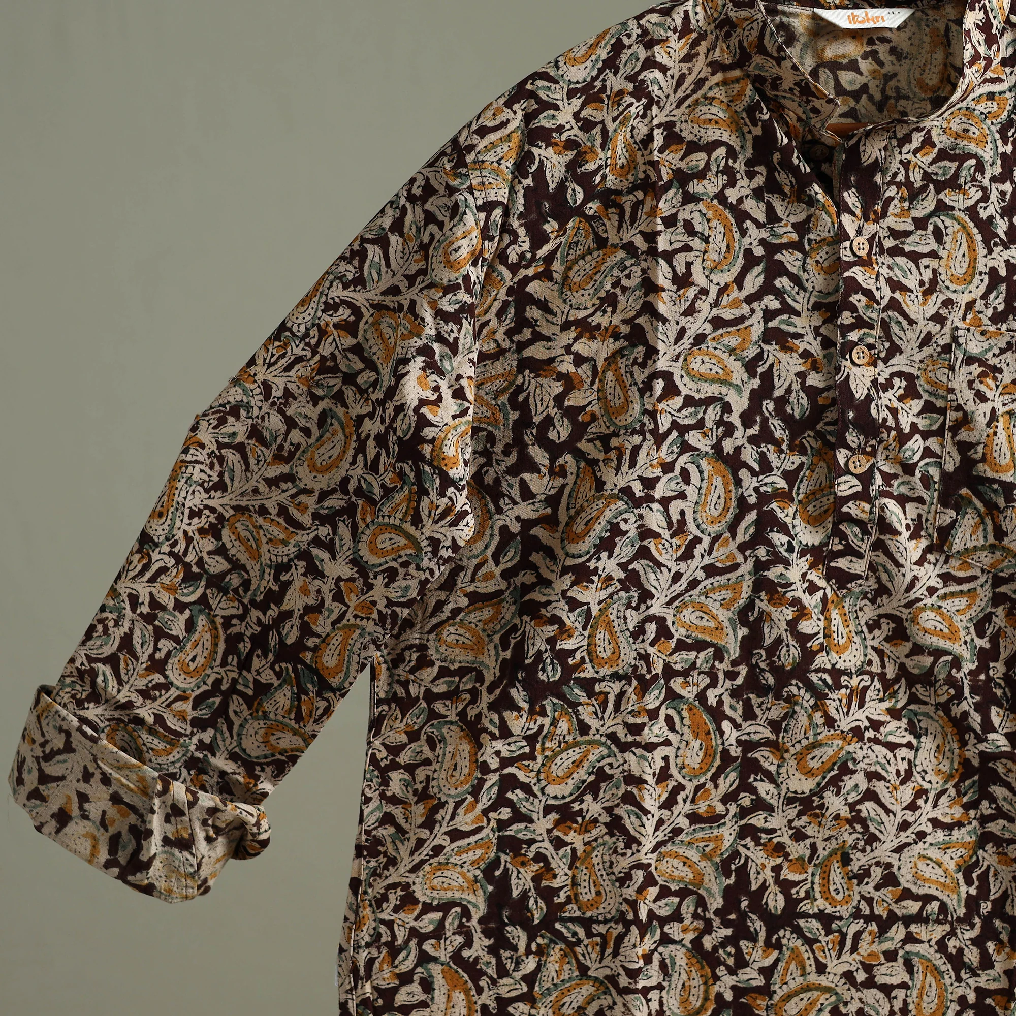 Hand Block Print Natural Dyed Cotton Short Kalamkari Kurta for Men 08 - Image 5