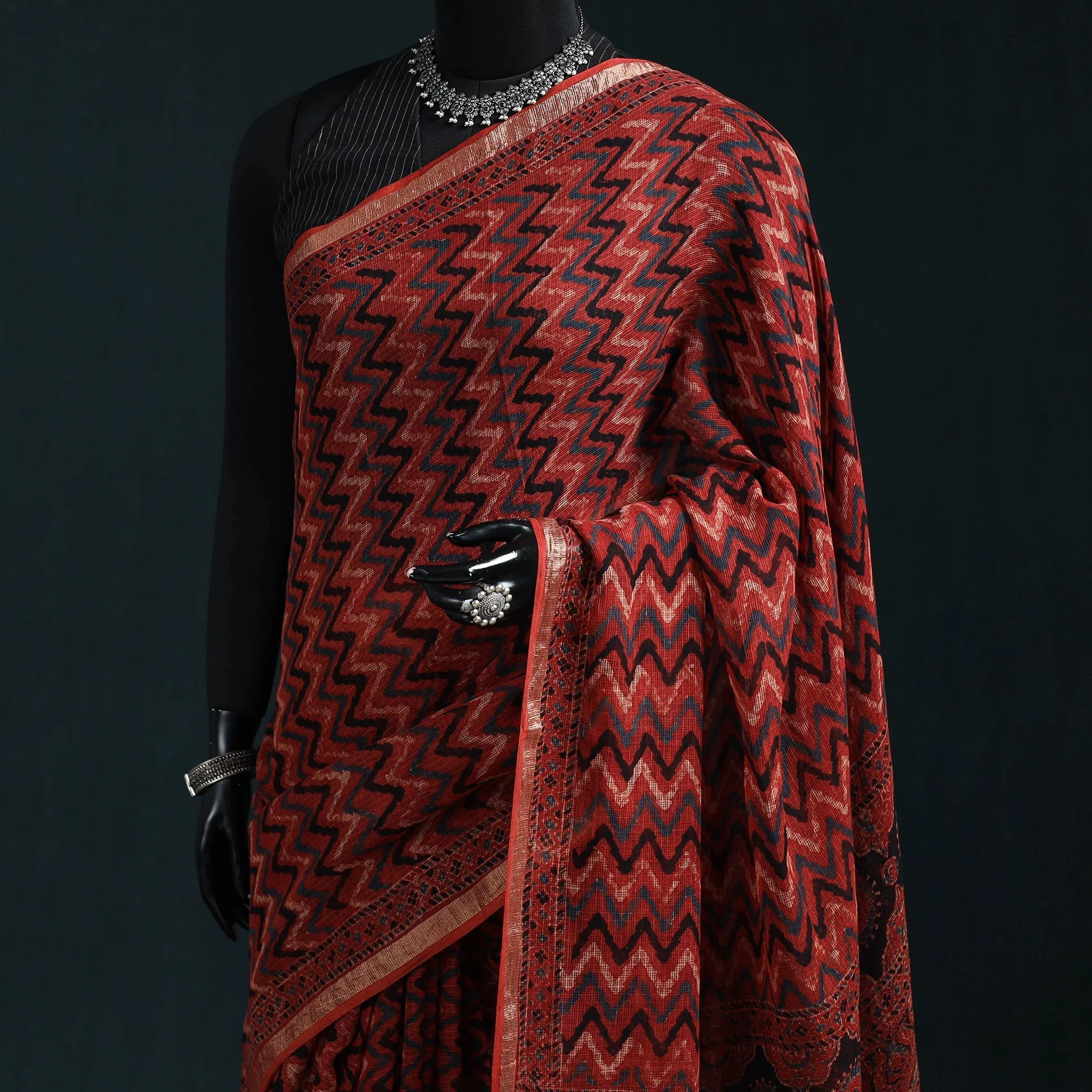 Red - Hand Block Print Natural Dyed Kota Doria Cotton Ajrakh Saree 07 - Image 2