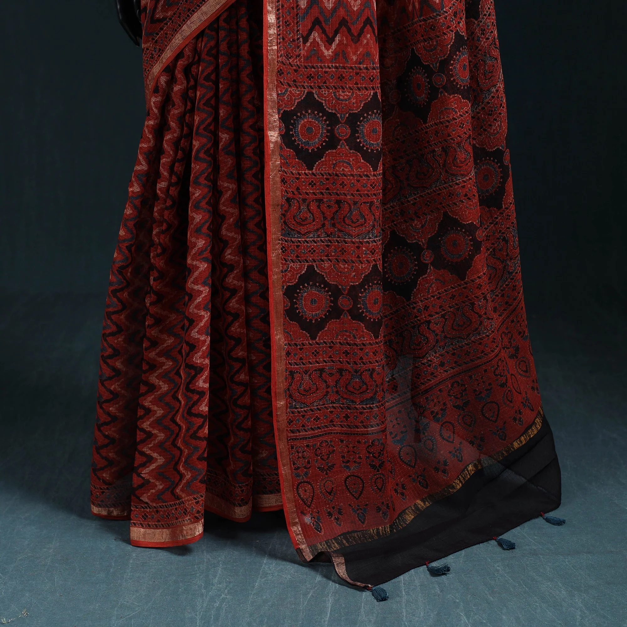 Red - Hand Block Print Natural Dyed Kota Doria Cotton Ajrakh Saree 07 - Image 4