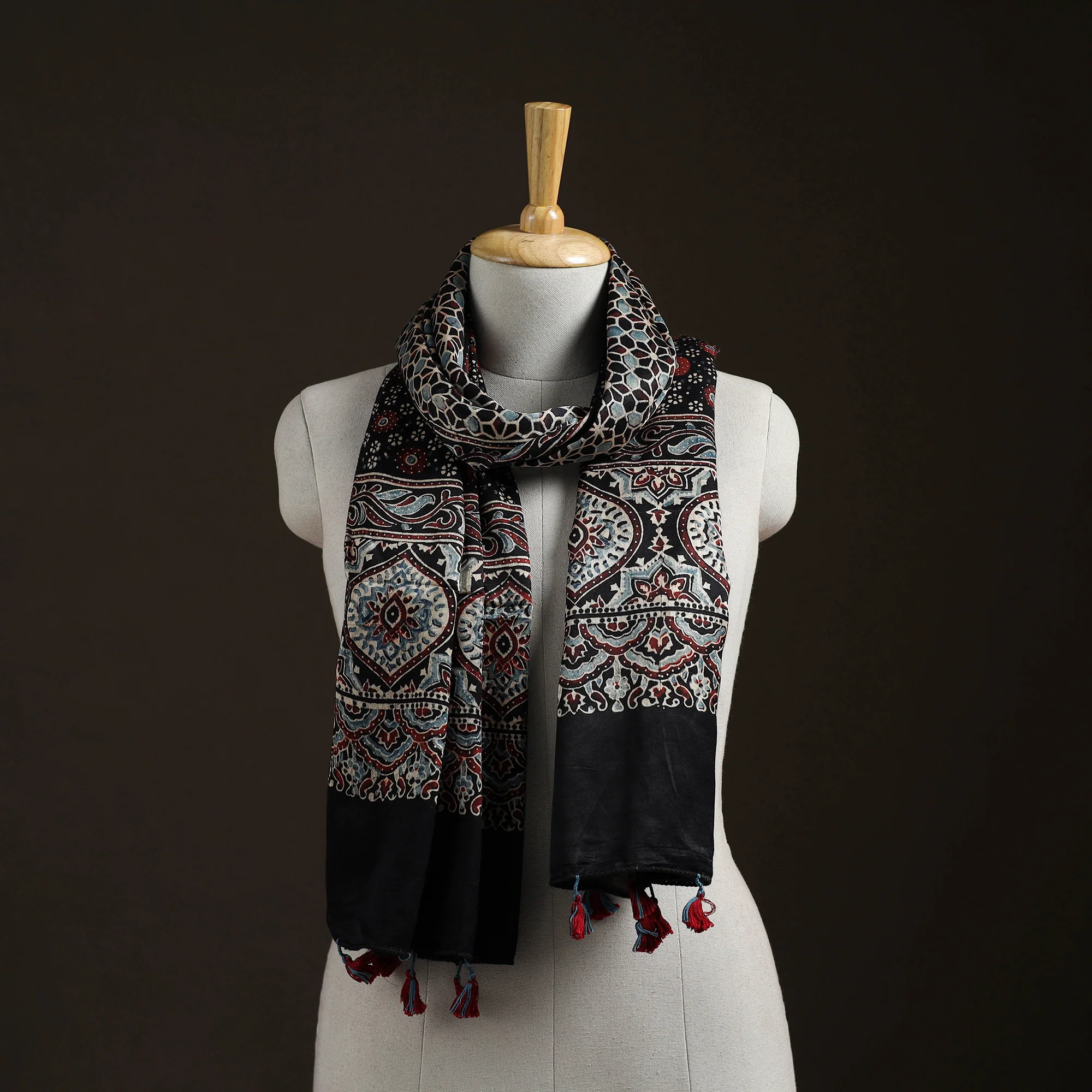 Black - Hand Block Print Natural Dyed Mashru Silk Ajrakh Stole 01