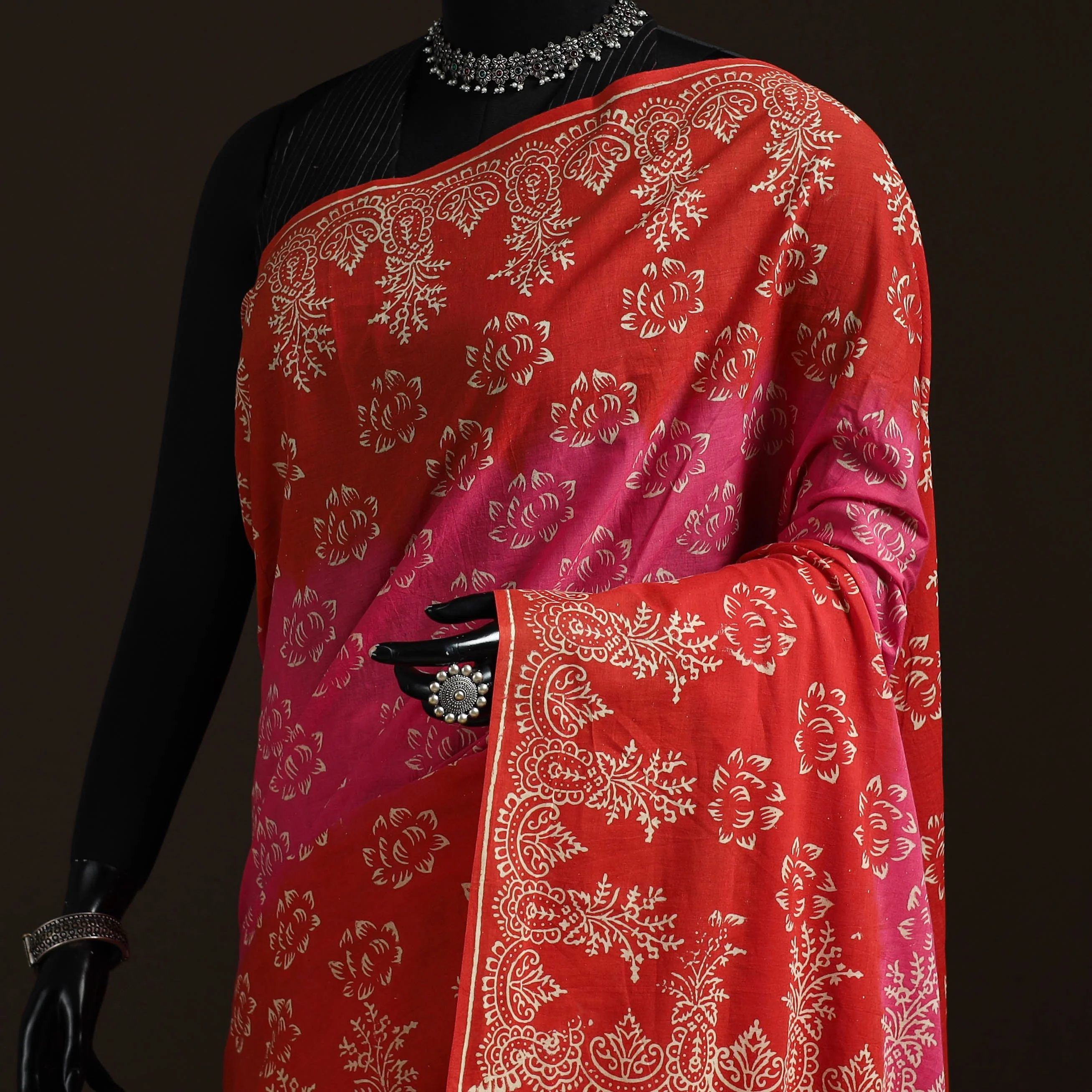 Red - Hand Block Print Pure Mul Cotton Jaipur Saree 02 - Image 2