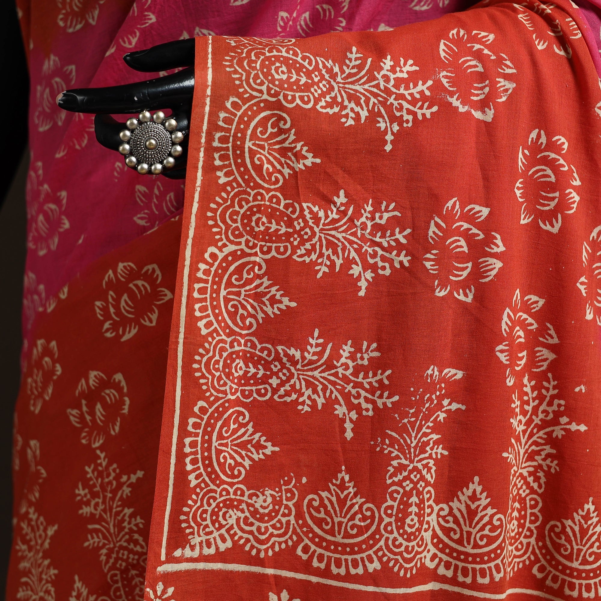 Red - Hand Block Print Pure Mul Cotton Jaipur Saree 02 - Image 3