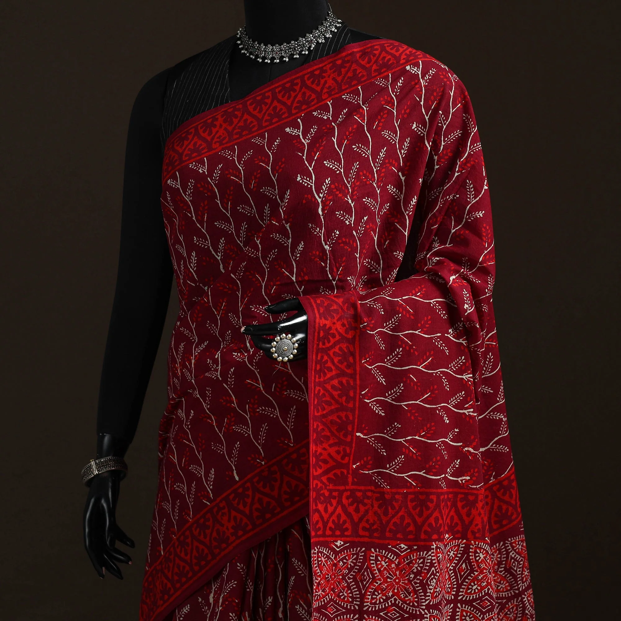 Red - Hand Block Print Pure Mul Cotton Jaipur Saree 04 - Image 2