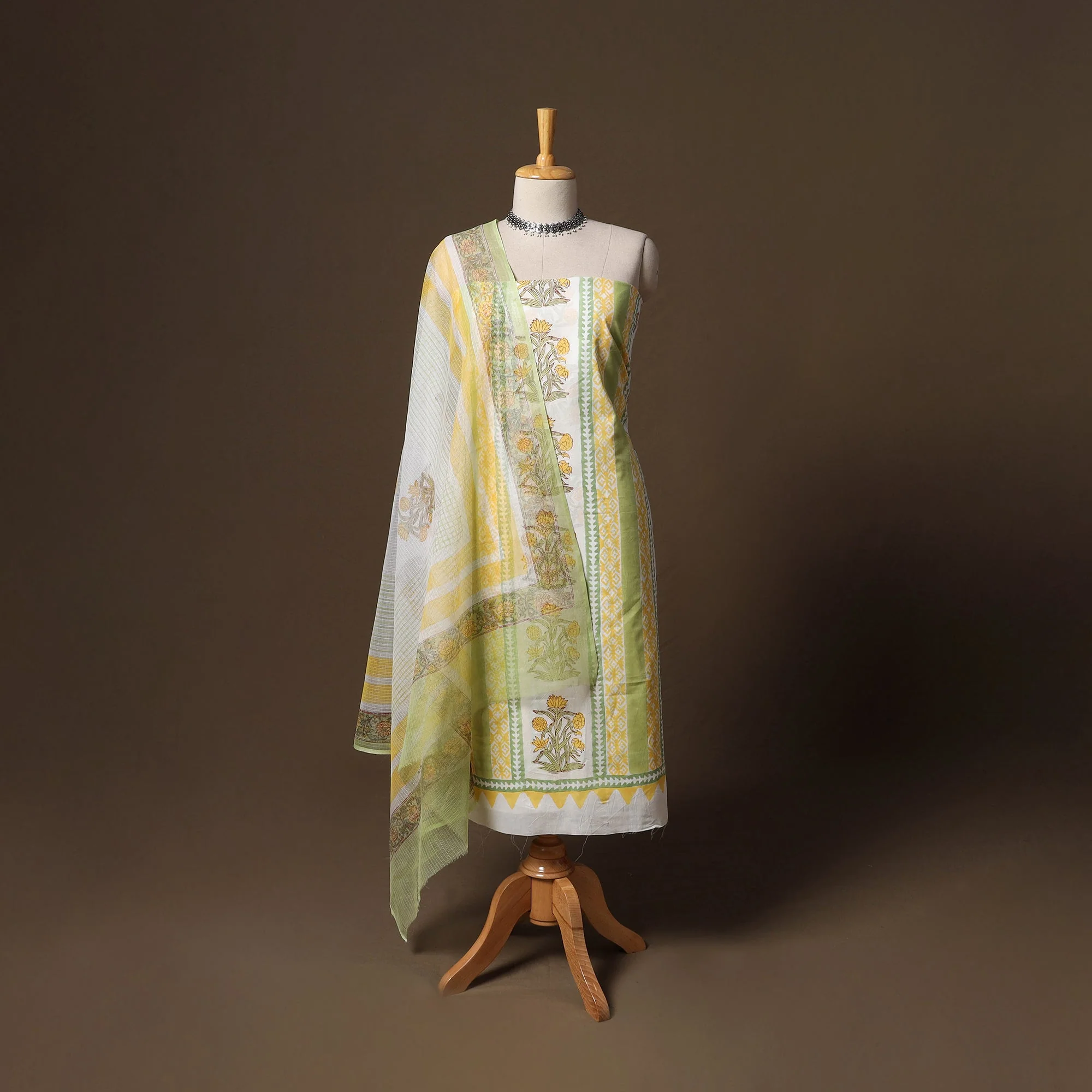 Yellow - Hand Block Print Sanganeri Cotton 3pc Unstitched Dress Material 07