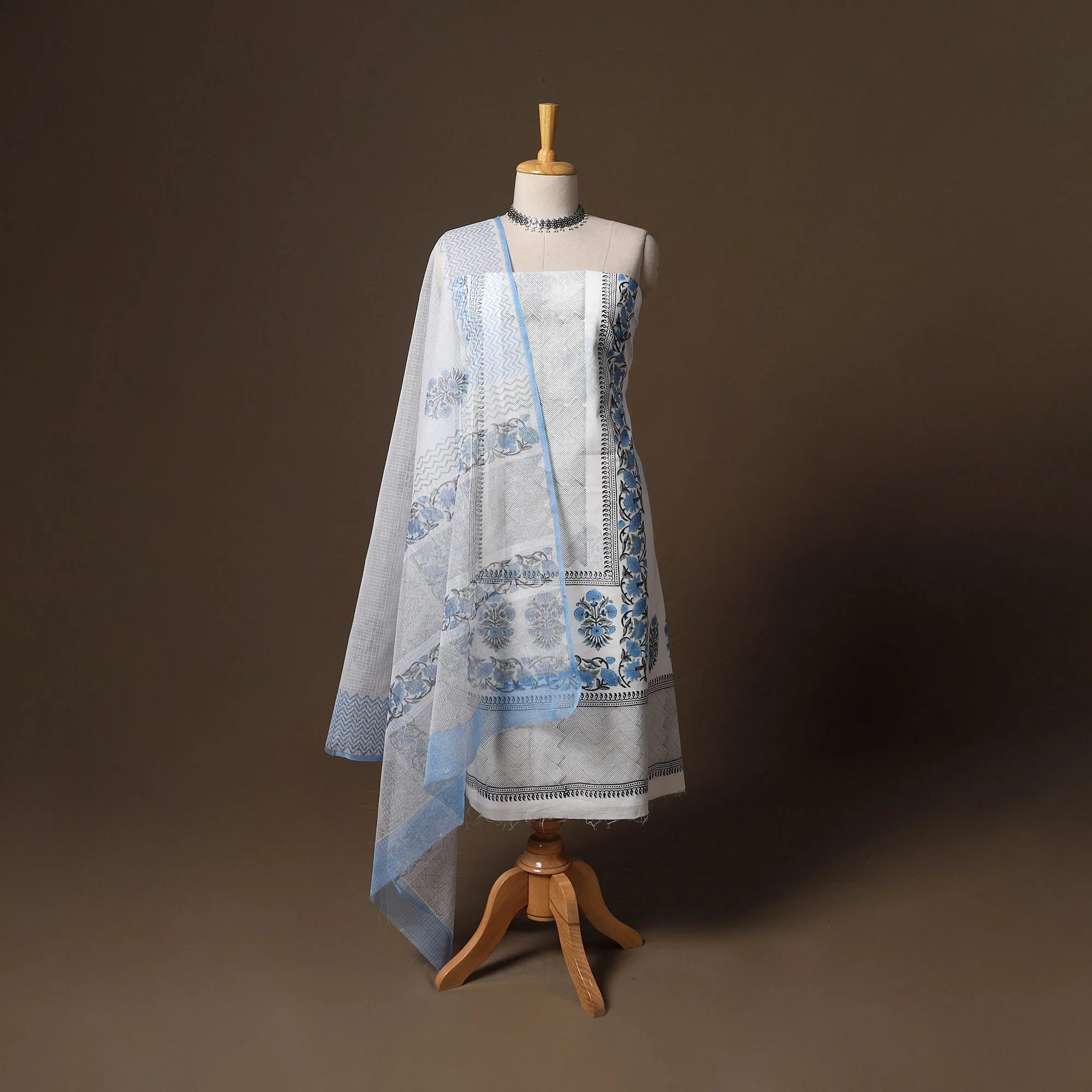 White - Hand Block Print Sanganeri Cotton 3pc Unstitched Dress Material 08