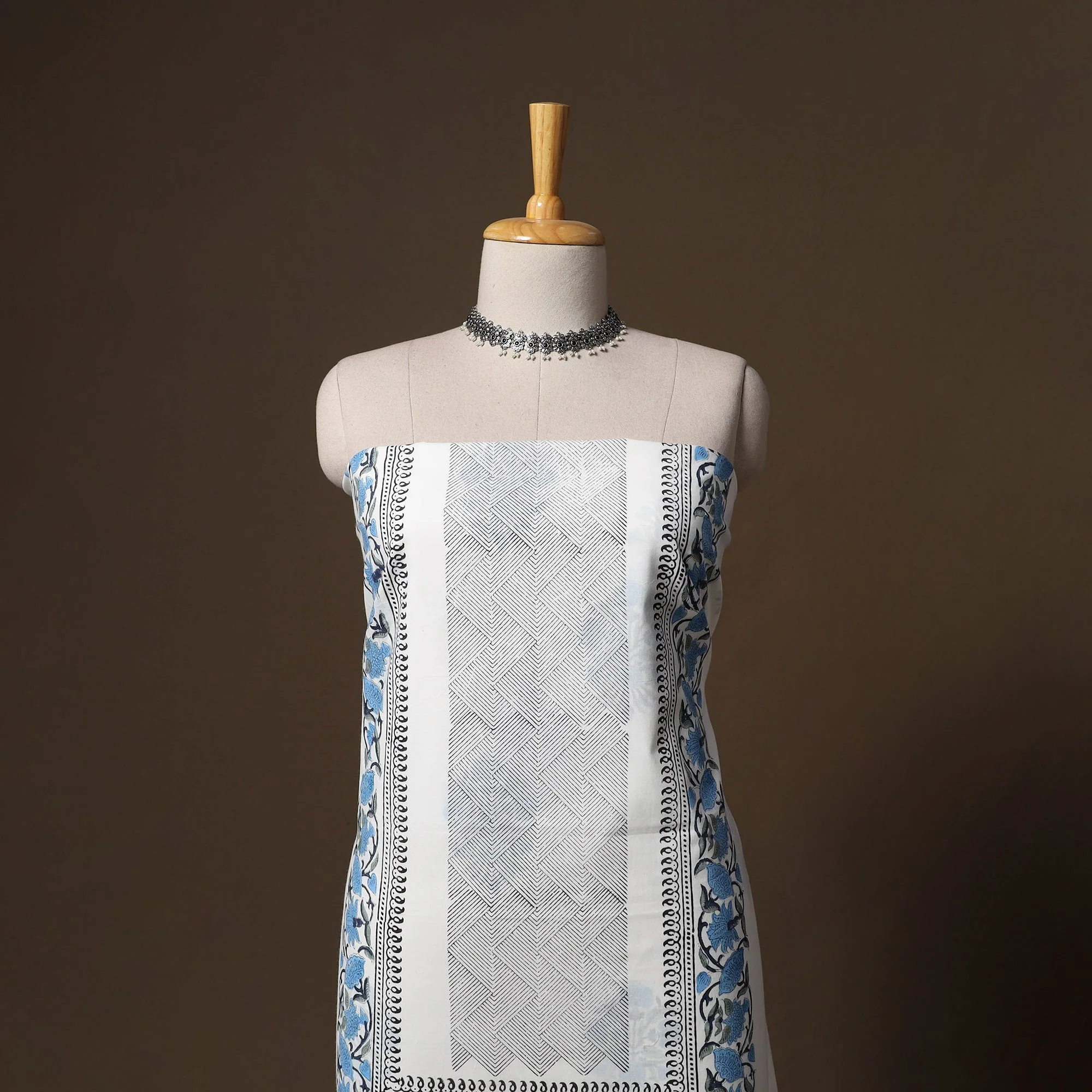 White - Hand Block Print Sanganeri Cotton 3pc Unstitched Dress Material 08 - Image 2