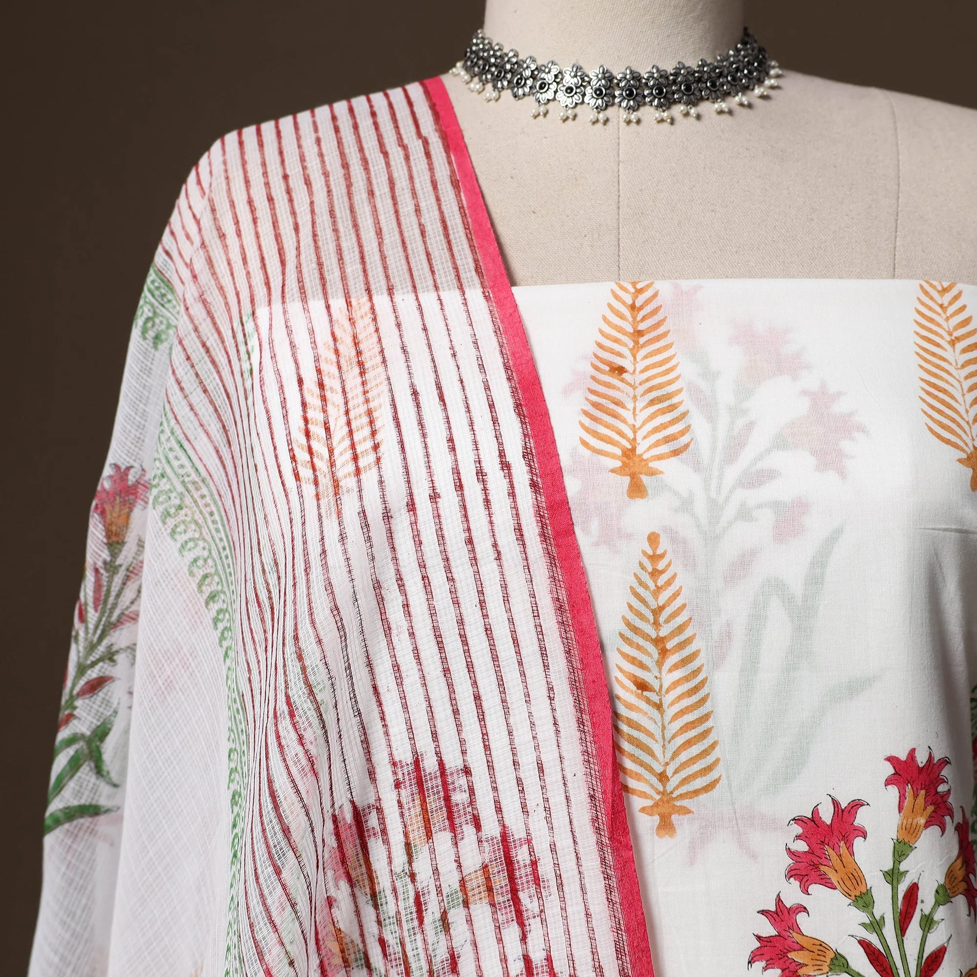 White - Hand Block Print Sanganeri Cotton 3pc Unstitched Dress Material 11 - Image 3