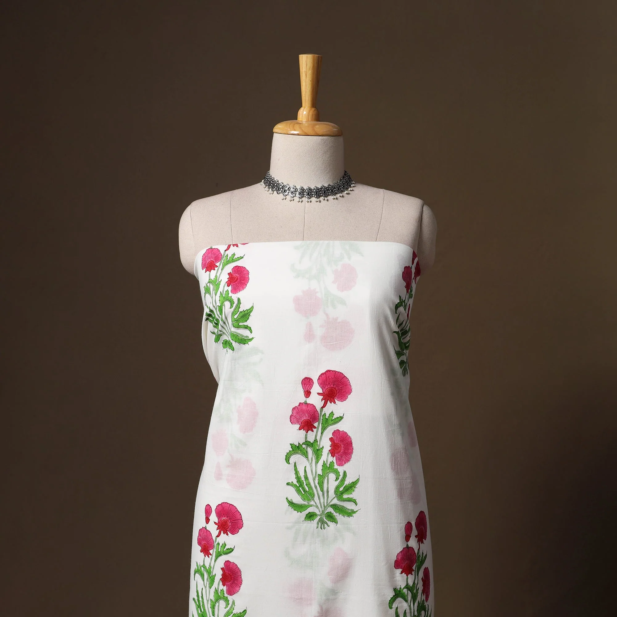 White - Hand Block Print Sanganeri Cotton 3pc Unstitched Dress Material 16 - Image 2