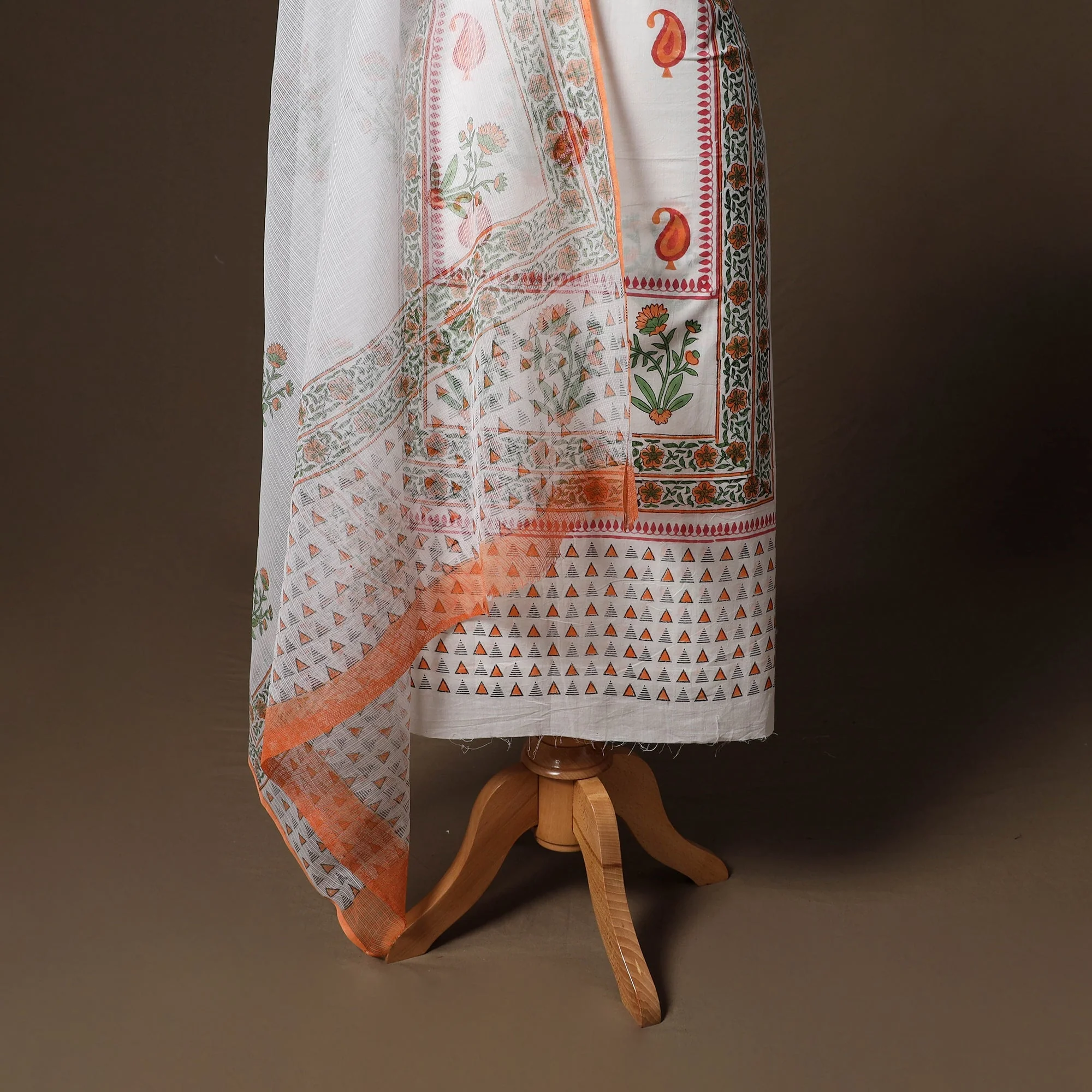 White - Hand Block Print Sanganeri Cotton 3pc Unstitched Dress Material 19 - Image 4