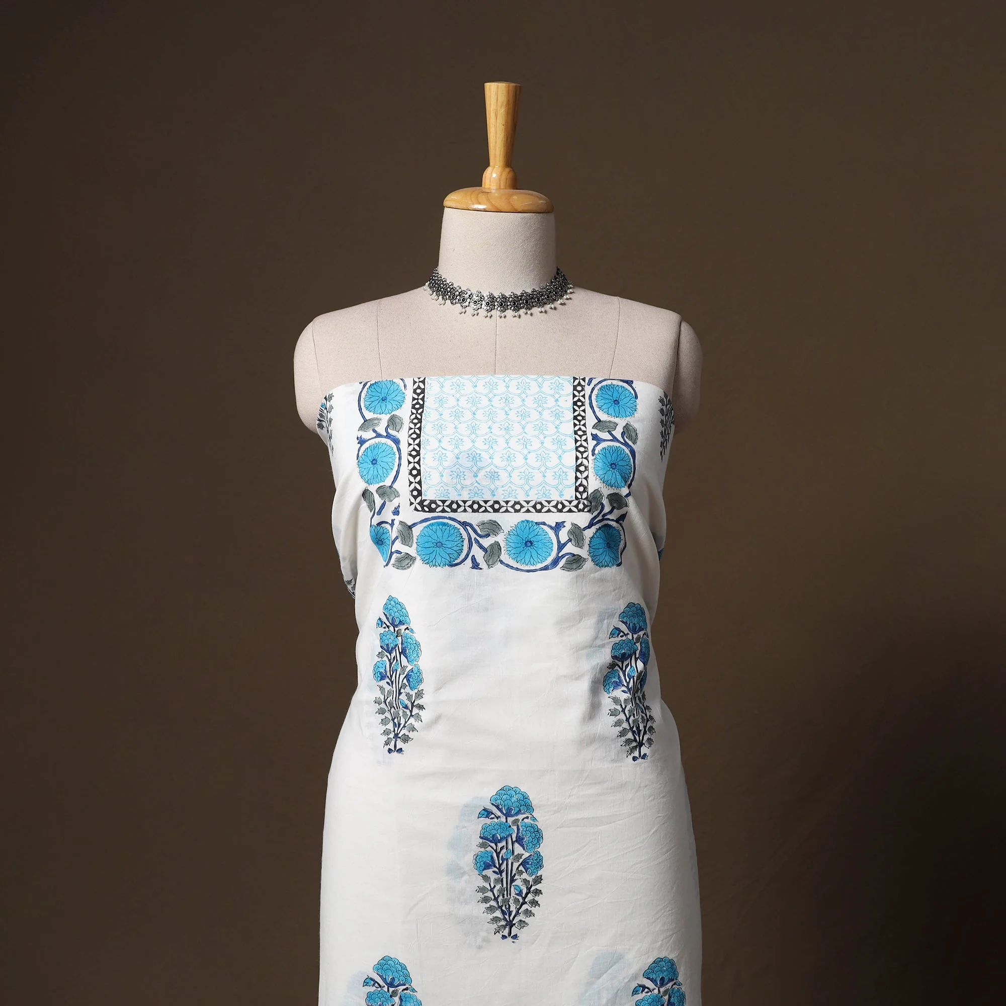 Blue - Hand Block Print Sanganeri Cotton 3pc Unstitched Dress Material 23 - Image 2