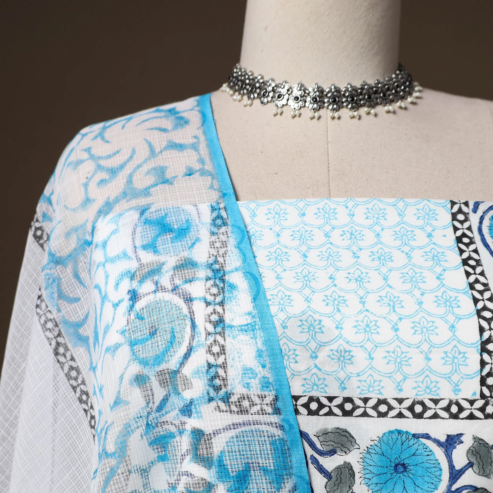Blue - Hand Block Print Sanganeri Cotton 3pc Unstitched Dress Material 23 - Image 3
