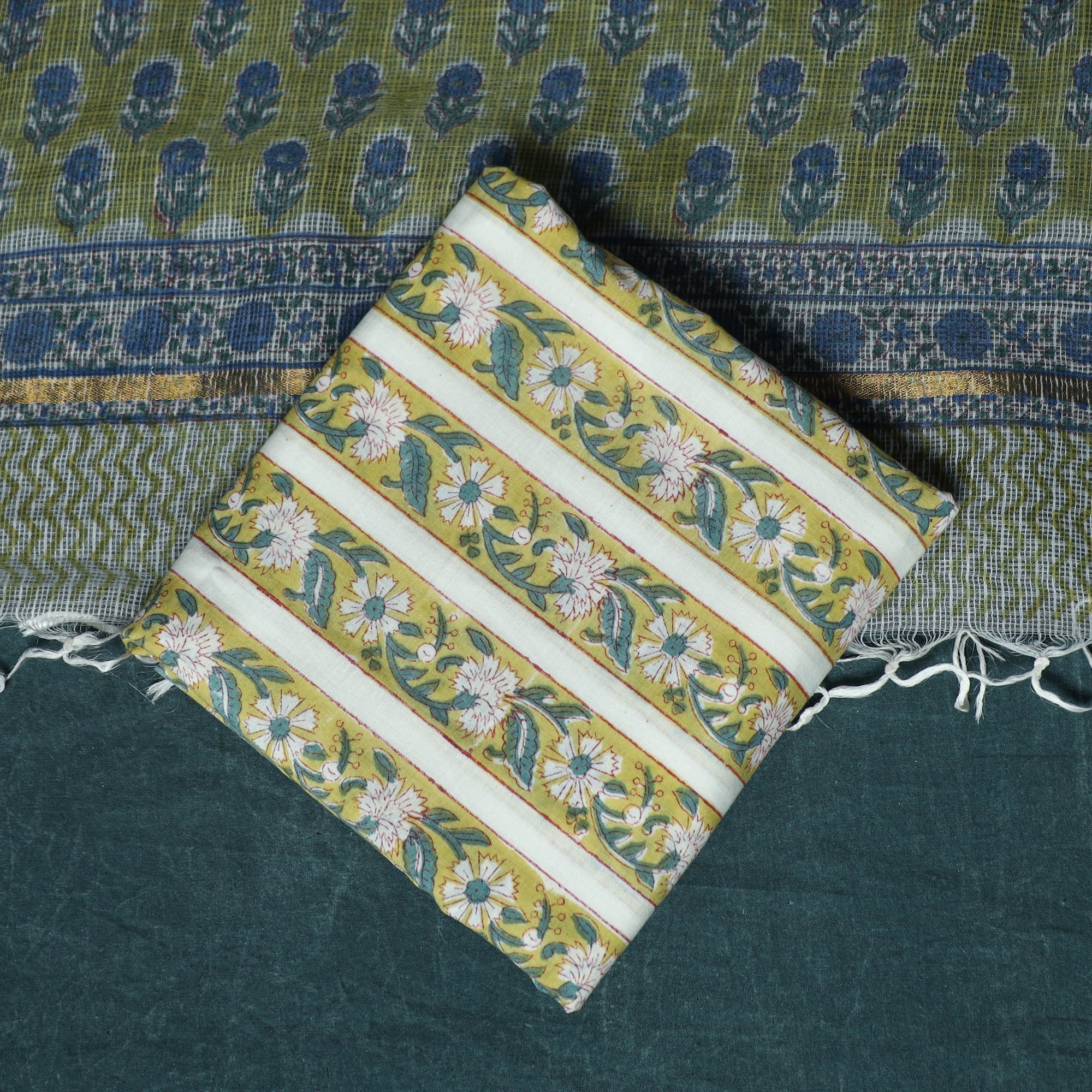 Green - Hand Block Print Sanganeri Cotton 3pc Unstitched Dress Material 32 - Image 5