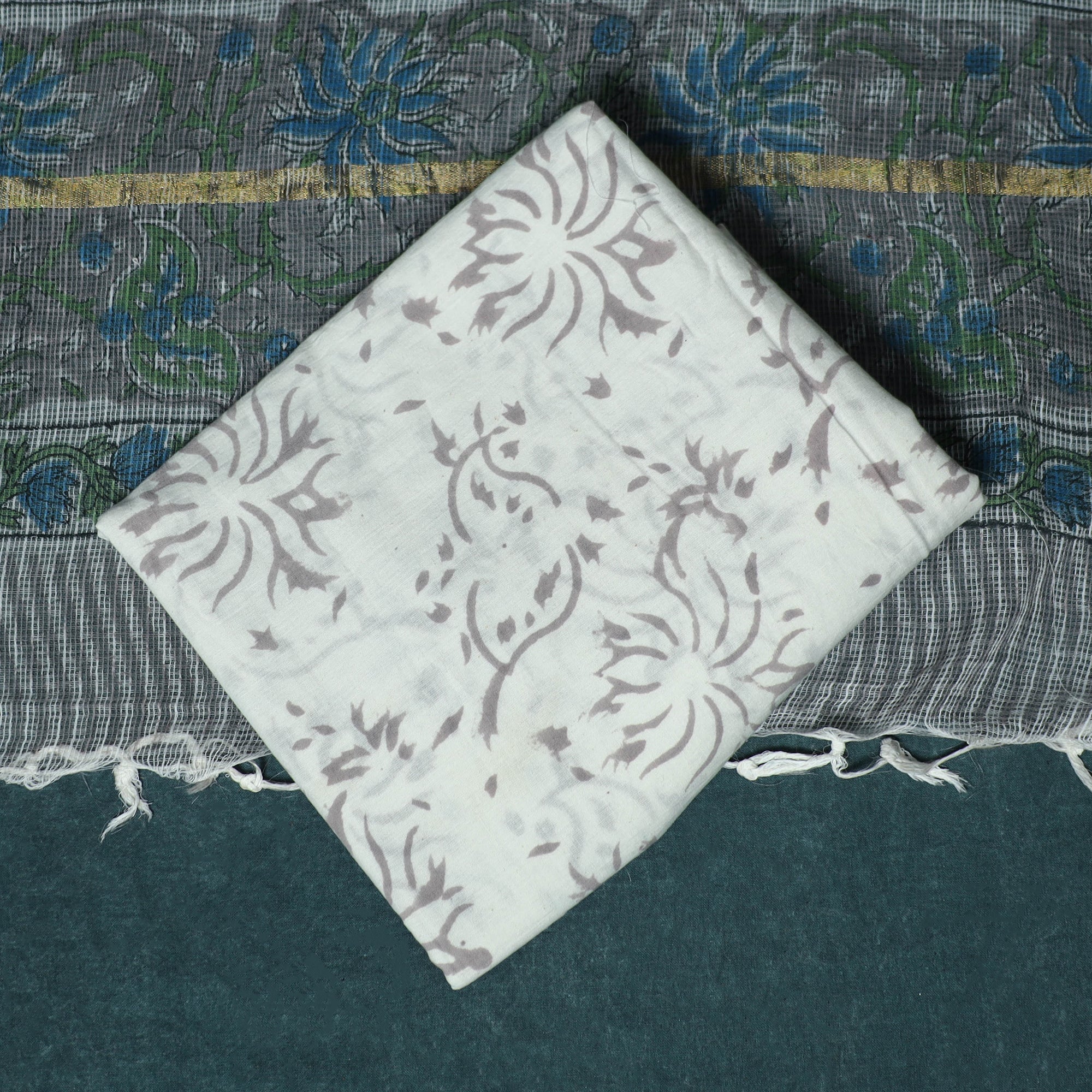 Grey - Hand Block Print Sanganeri Cotton 3pc Unstitched Dress Material 41 - Image 5