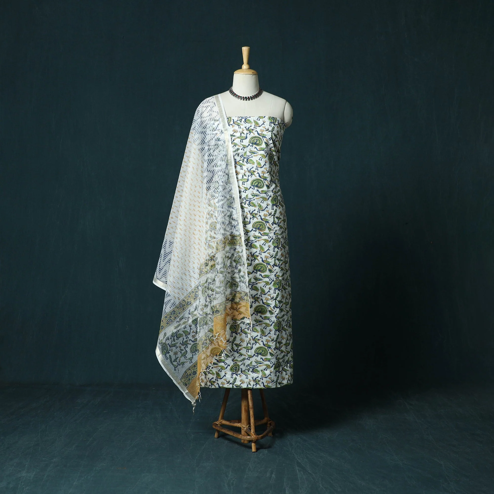 White - Hand Block Print Sanganeri Cotton 3pc Unstitched Dress Material 61
