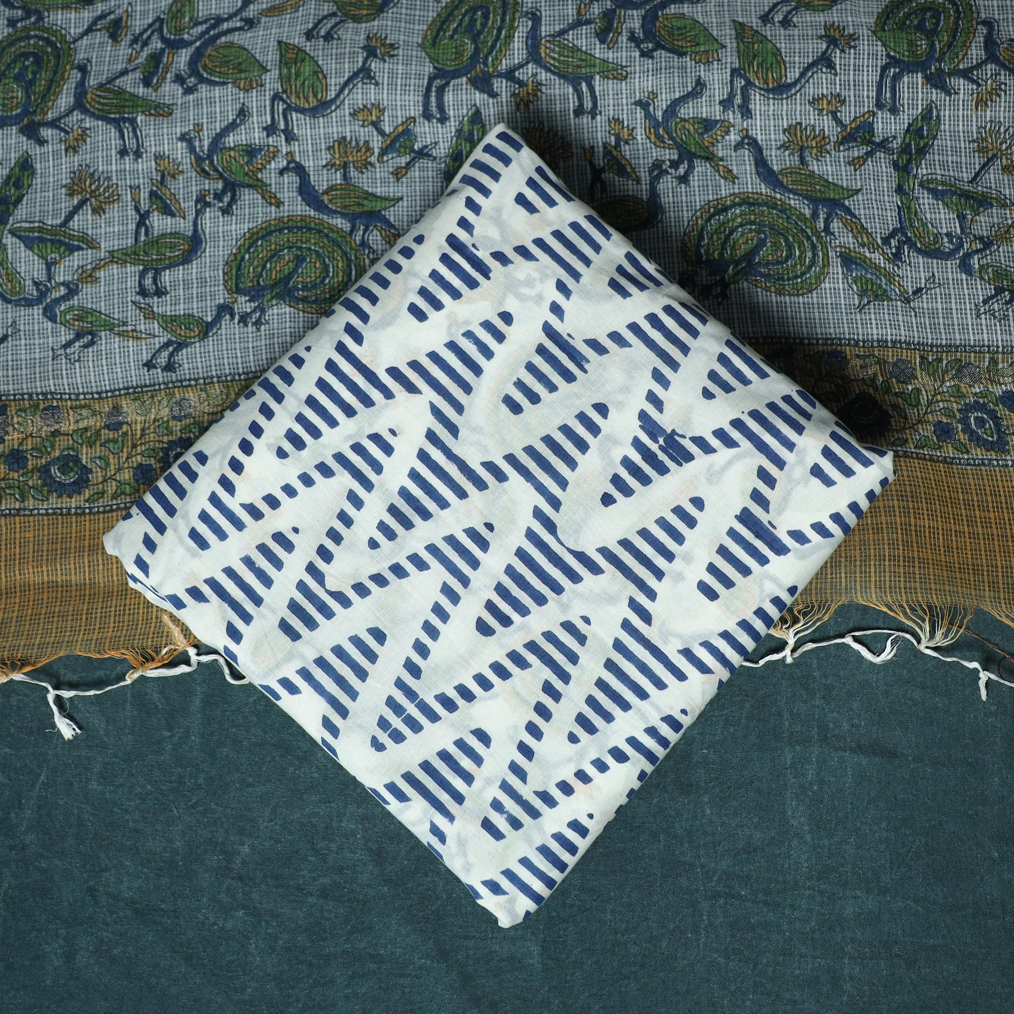 White - Hand Block Print Sanganeri Cotton 3pc Unstitched Dress Material 61 - Image 5