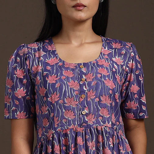 Purple - Hand Block Print Tiered Sanganeri Dress 01 - Image 5