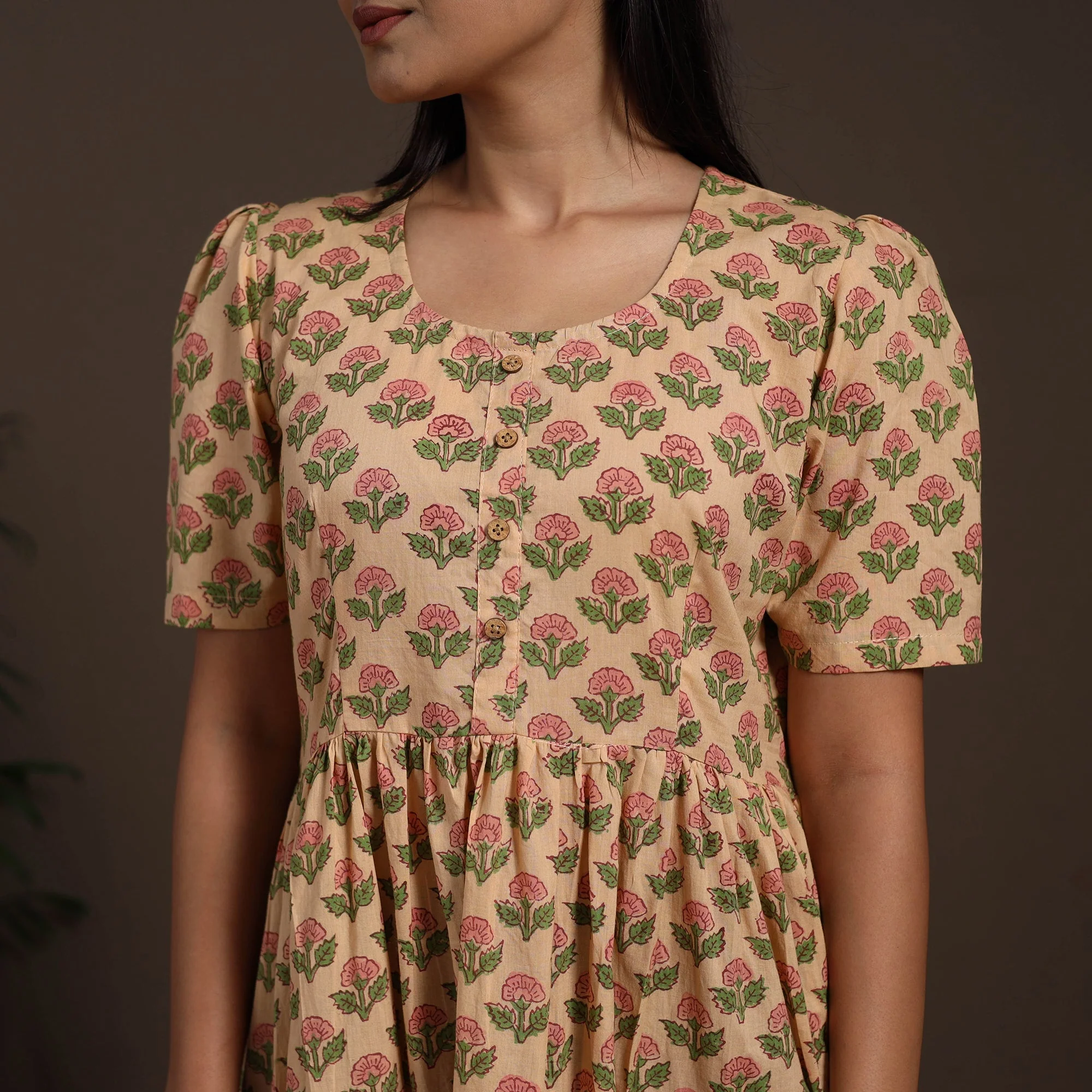 Beige - Hand Block Print Tiered Sanganeri Dress 04 - Image 5