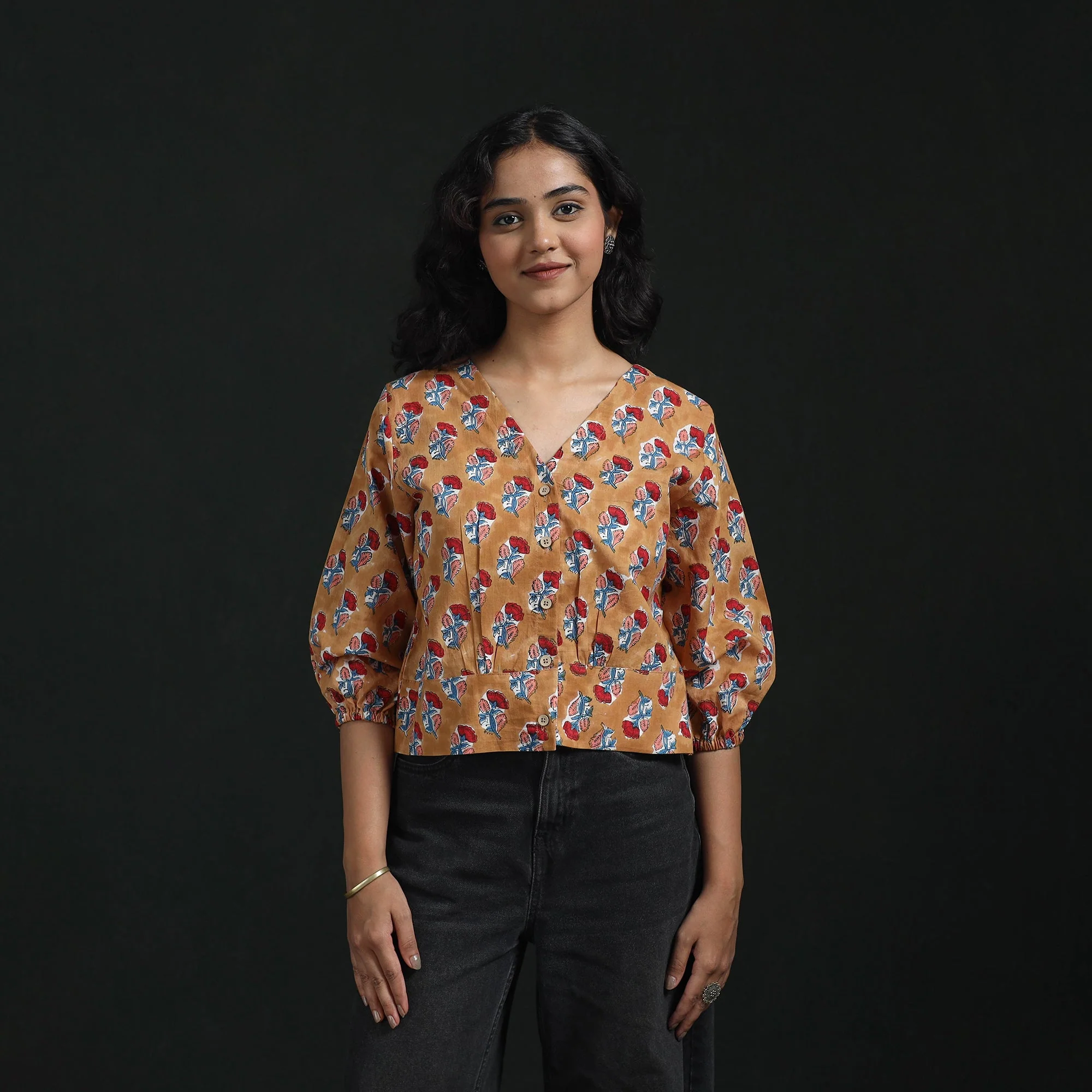 Brown - Hand Block Sanganeri Print Cotton Floral Crop Top 03