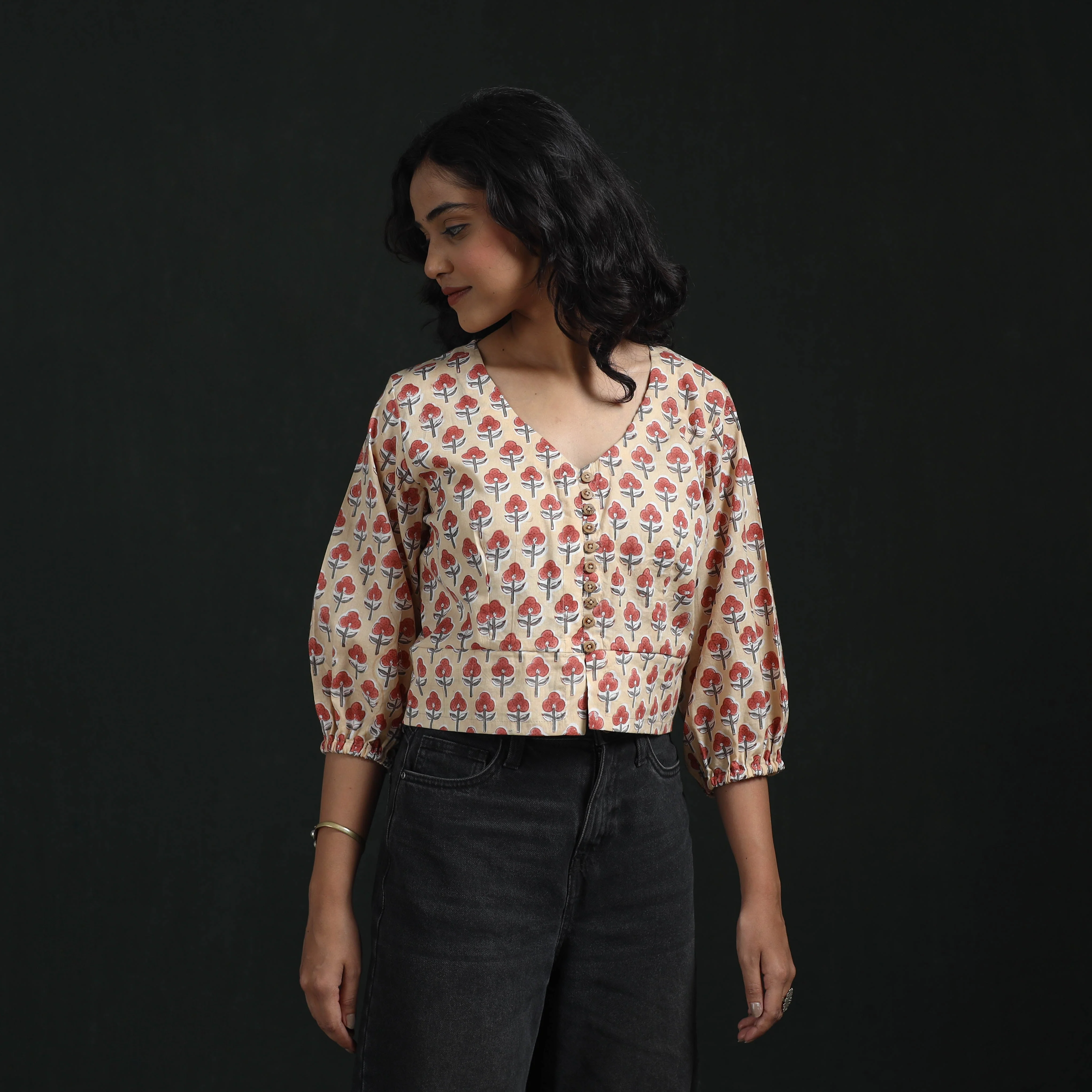 Beige - Hand Block Sanganeri Print Cotton Floral Crop Top 07 - Image 2