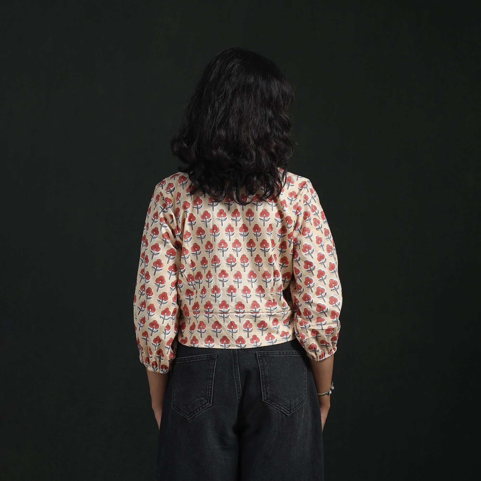Beige - Hand Block Sanganeri Print Cotton Floral Crop Top 07 - Image 5