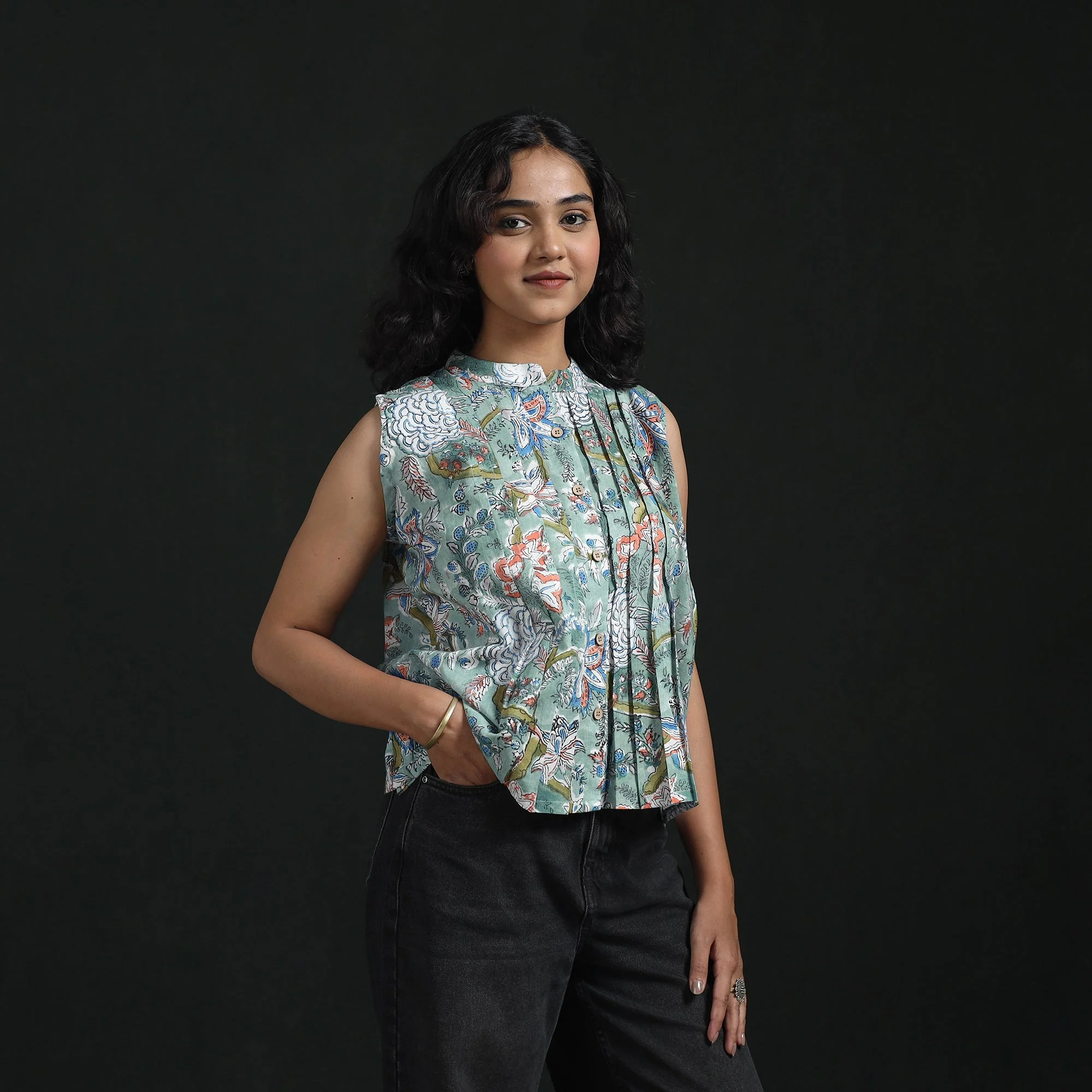 Green - Hand Block Sanganeri Print Cotton Floral Crop Top 11 - Image 2