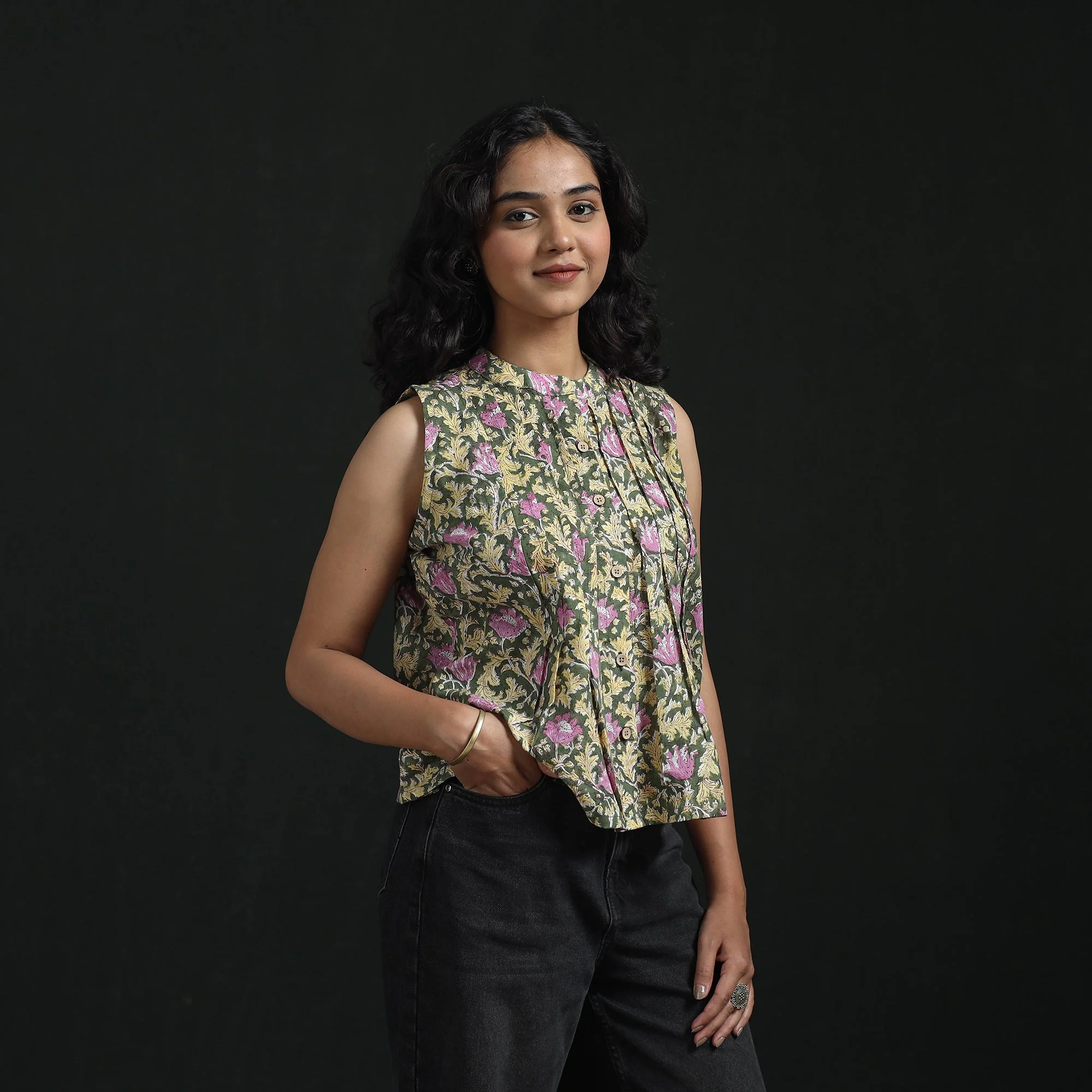 Green - Hand Block Sanganeri Print Cotton Floral Crop Top 17 - Image 2