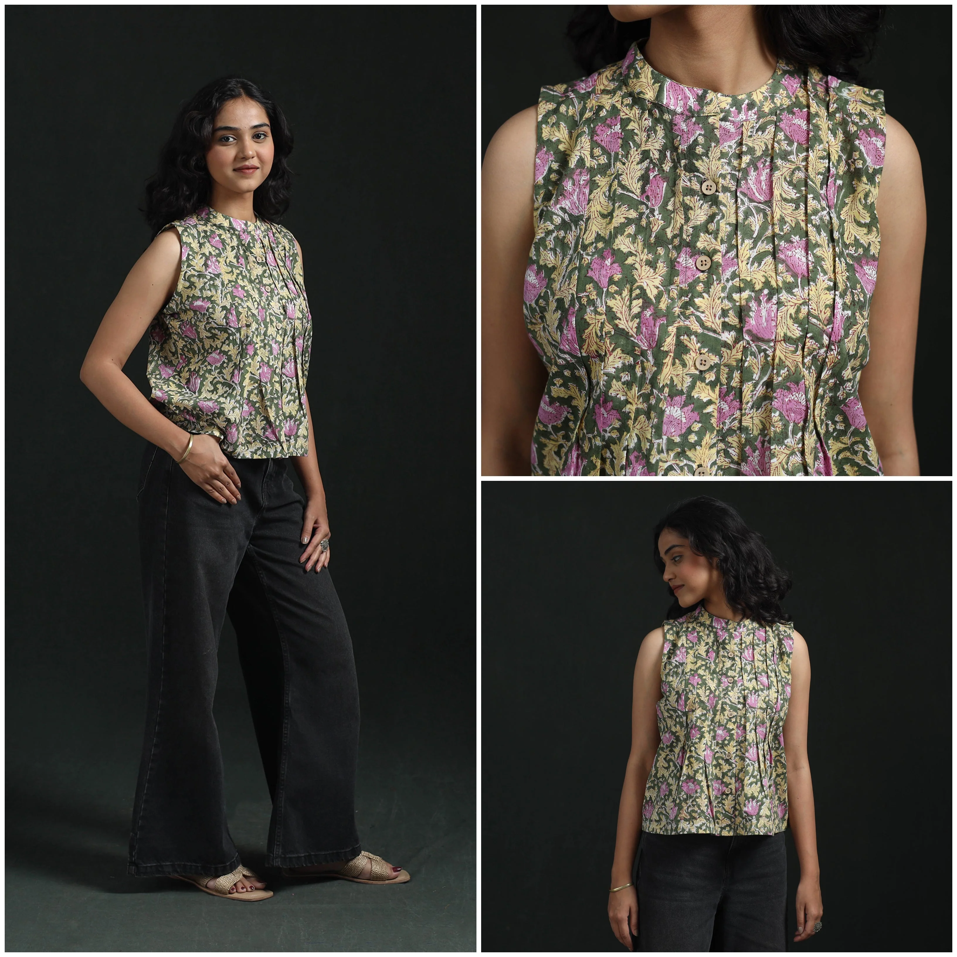 Green - Hand Block Sanganeri Print Cotton Floral Crop Top 17 - Image 3